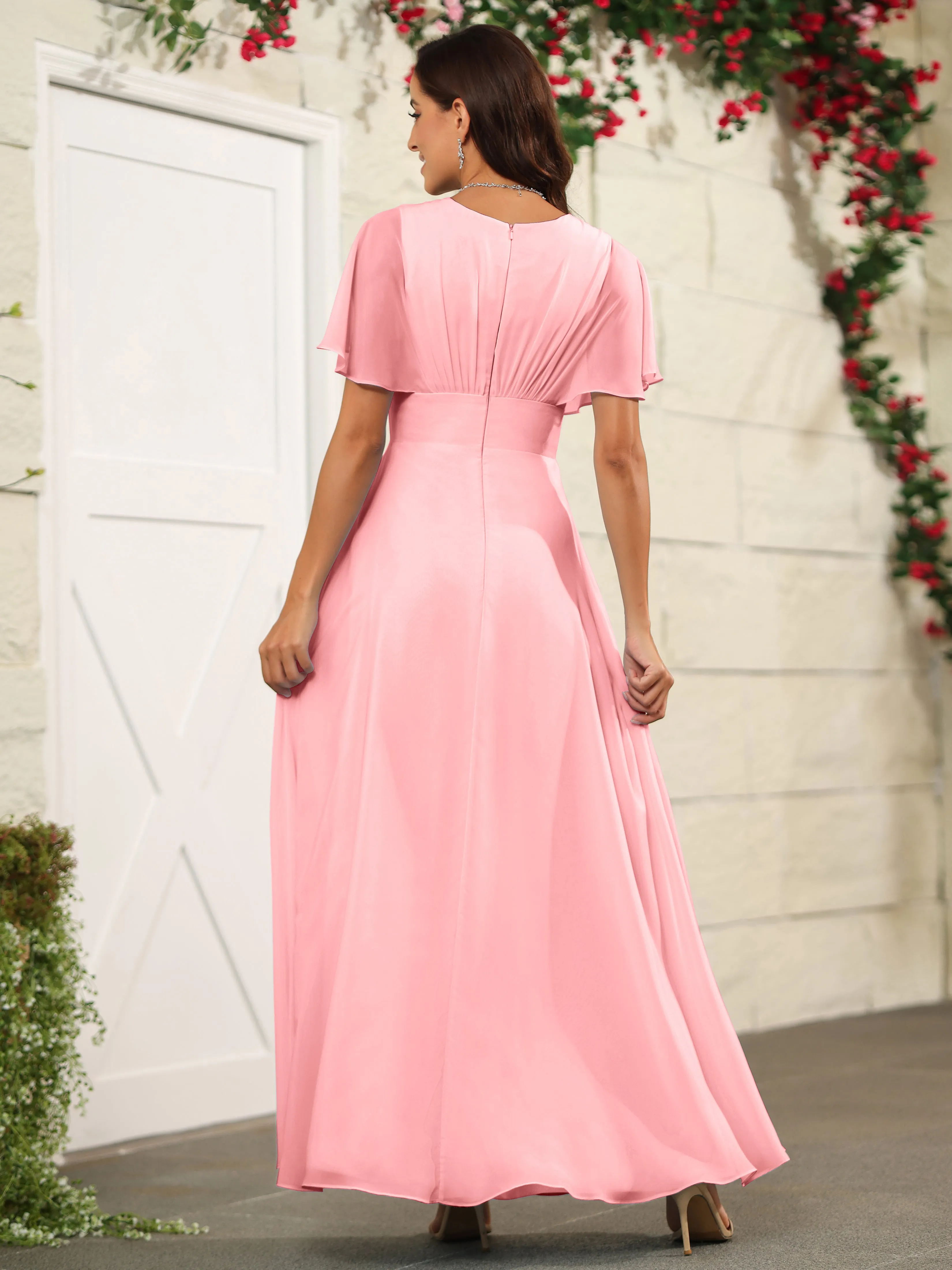 Chiffon Short Sleeves V-Neck Bridesmaid Dress with Slit