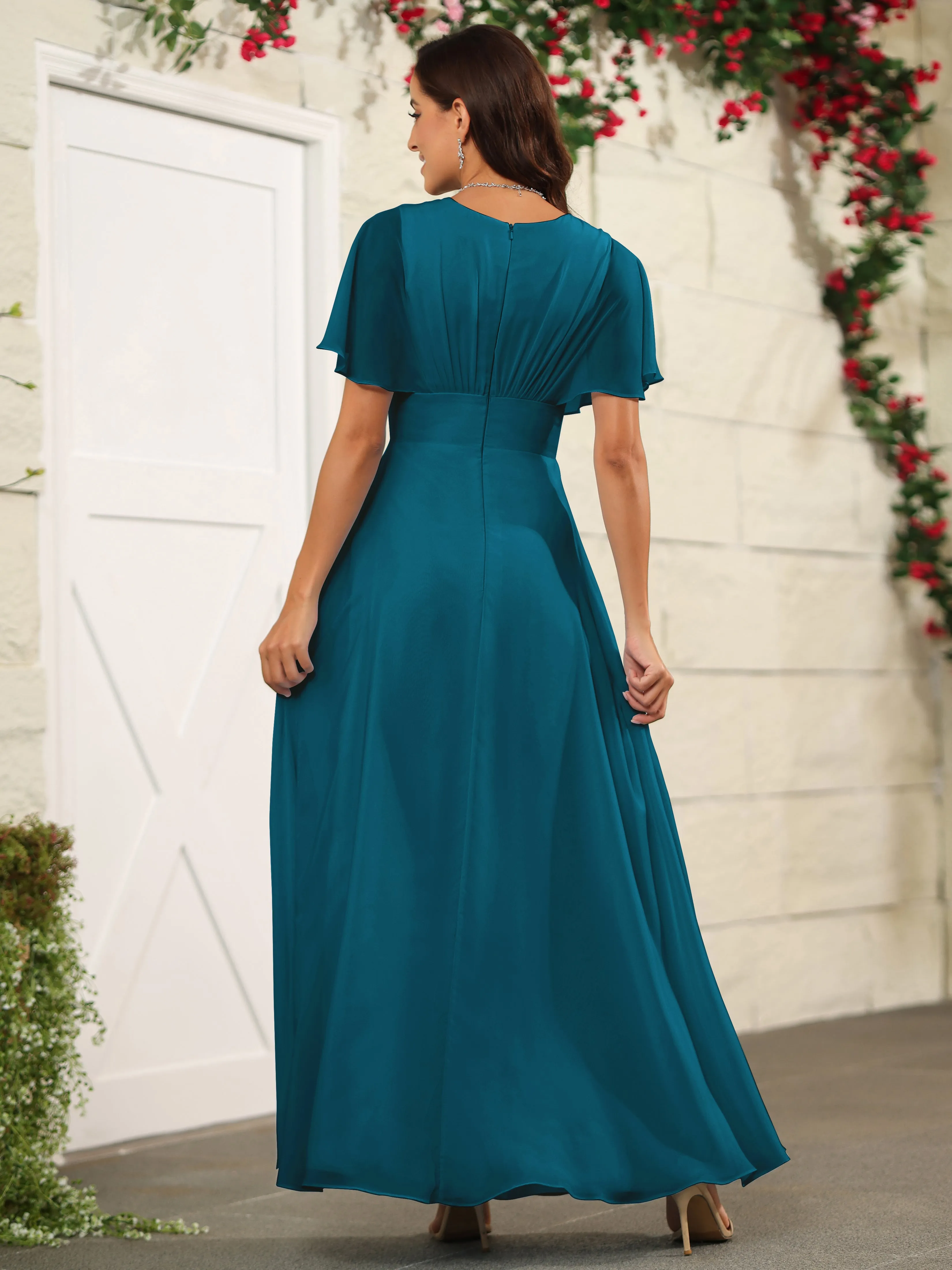 Chiffon Short Sleeves V-Neck Bridesmaid Dress with Slit