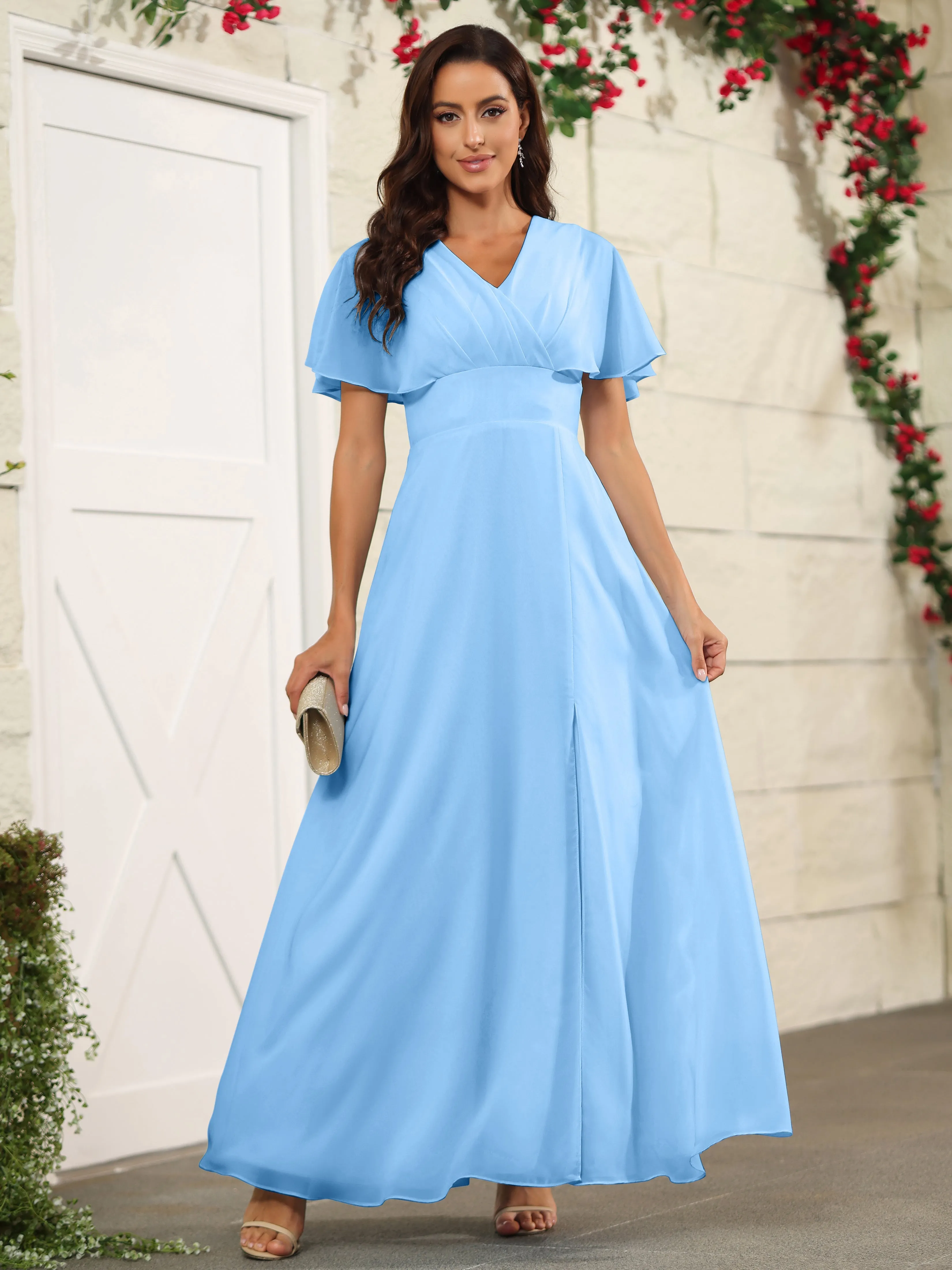 Chiffon Short Sleeves V-Neck Bridesmaid Dress with Slit