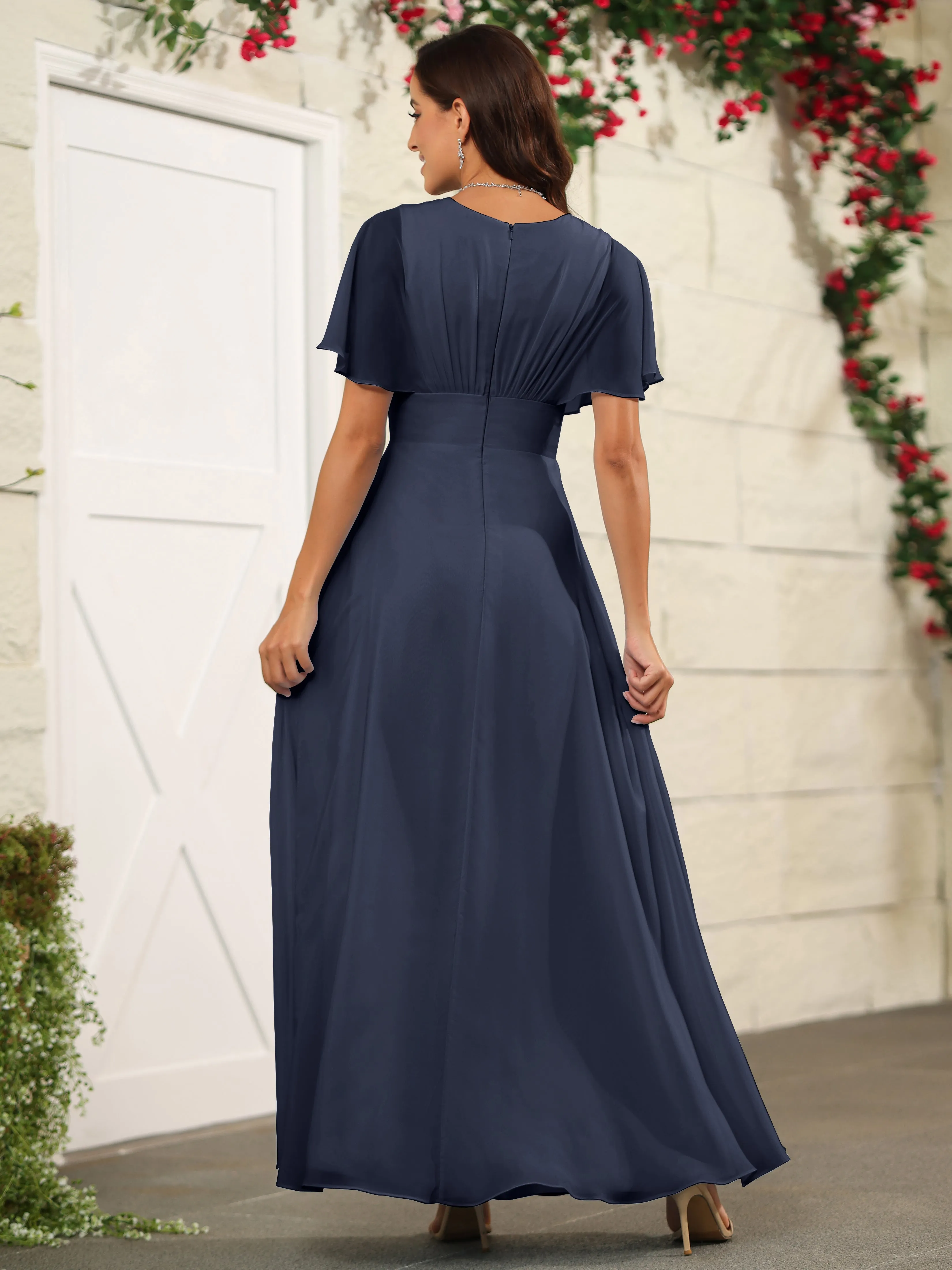 Chiffon Short Sleeves V-Neck Bridesmaid Dress with Slit