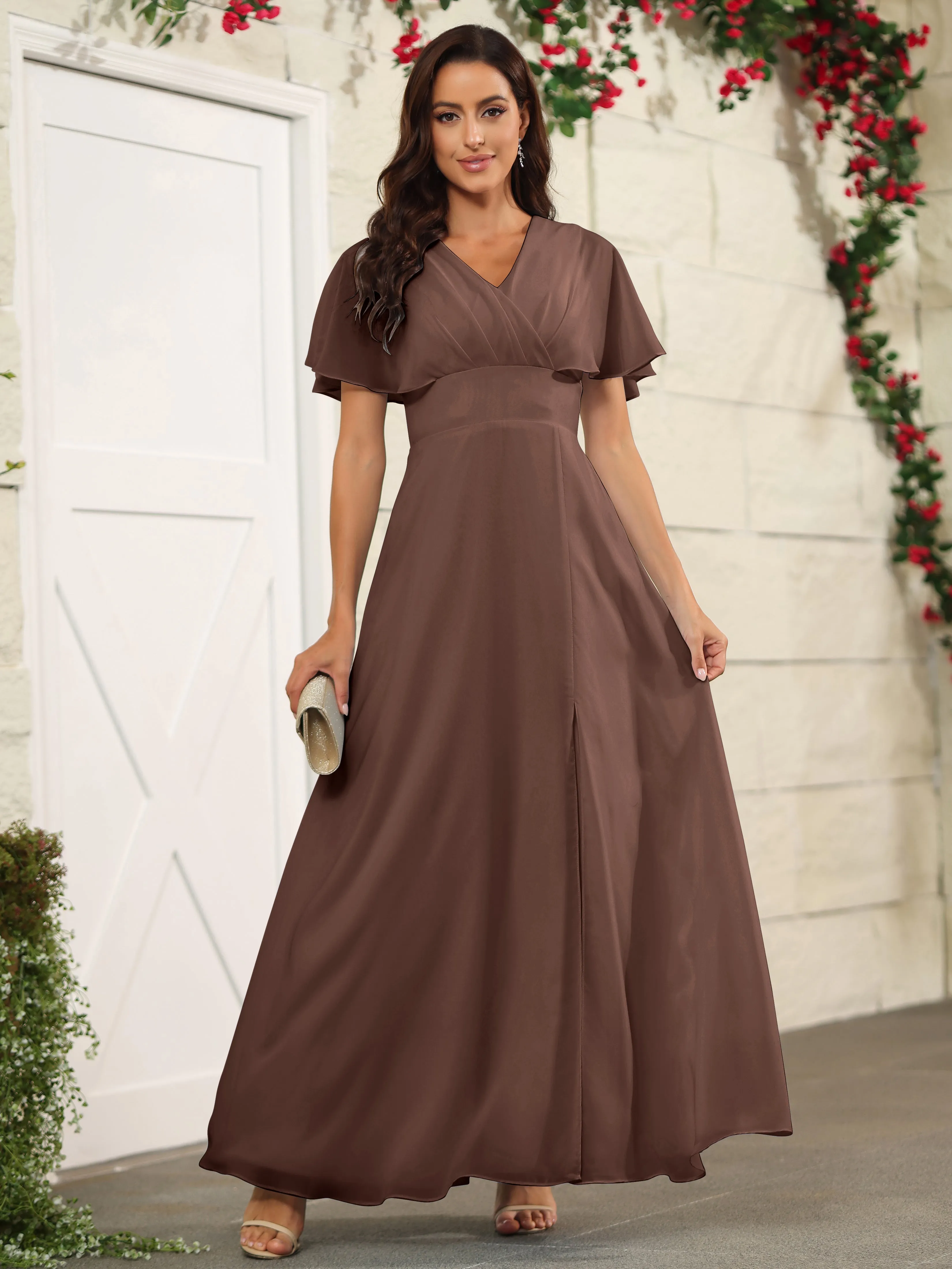 Chiffon Short Sleeves V-Neck Bridesmaid Dress with Slit