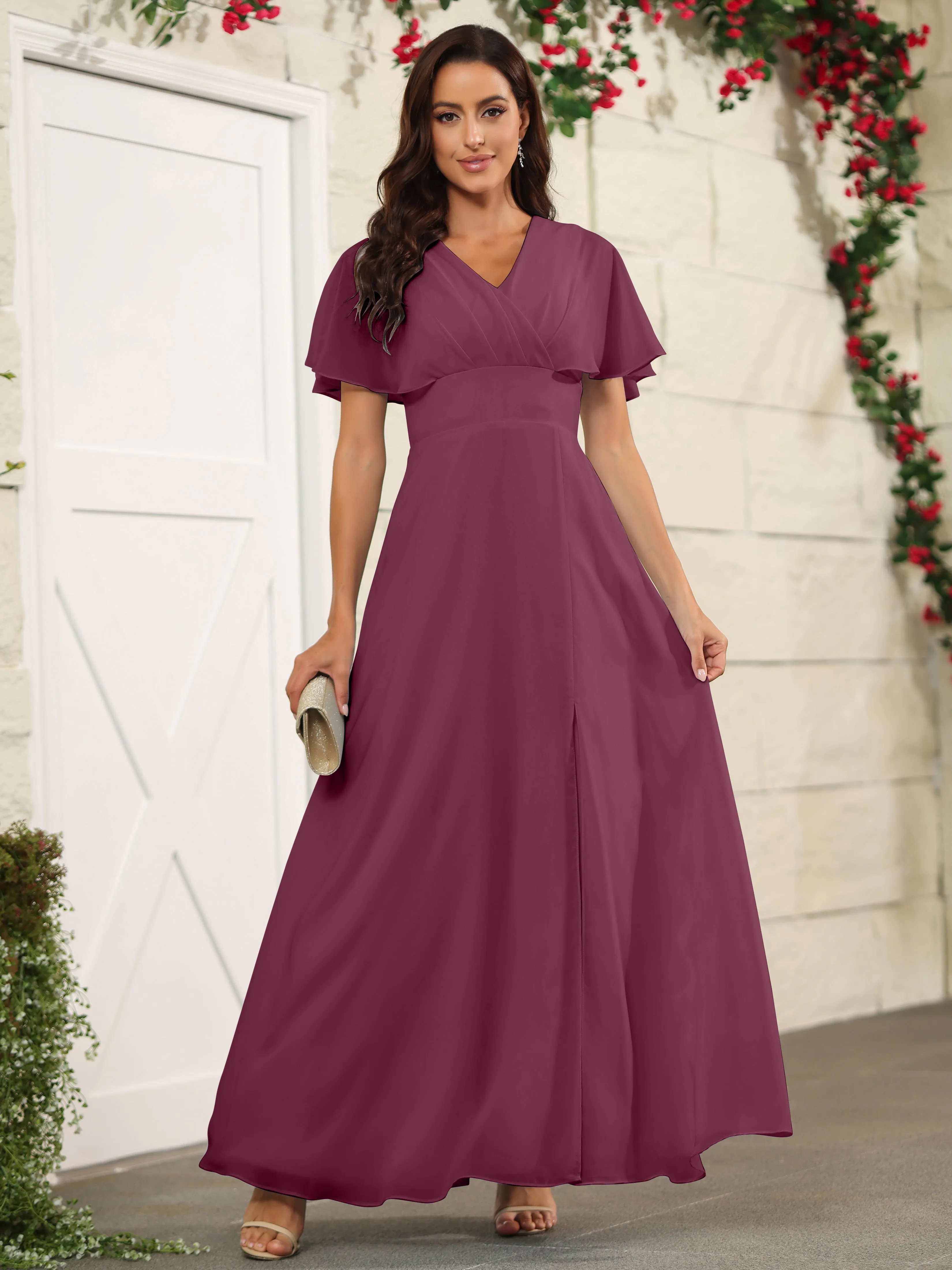 Chiffon Short Sleeves V-Neck Bridesmaid Dress with Slit