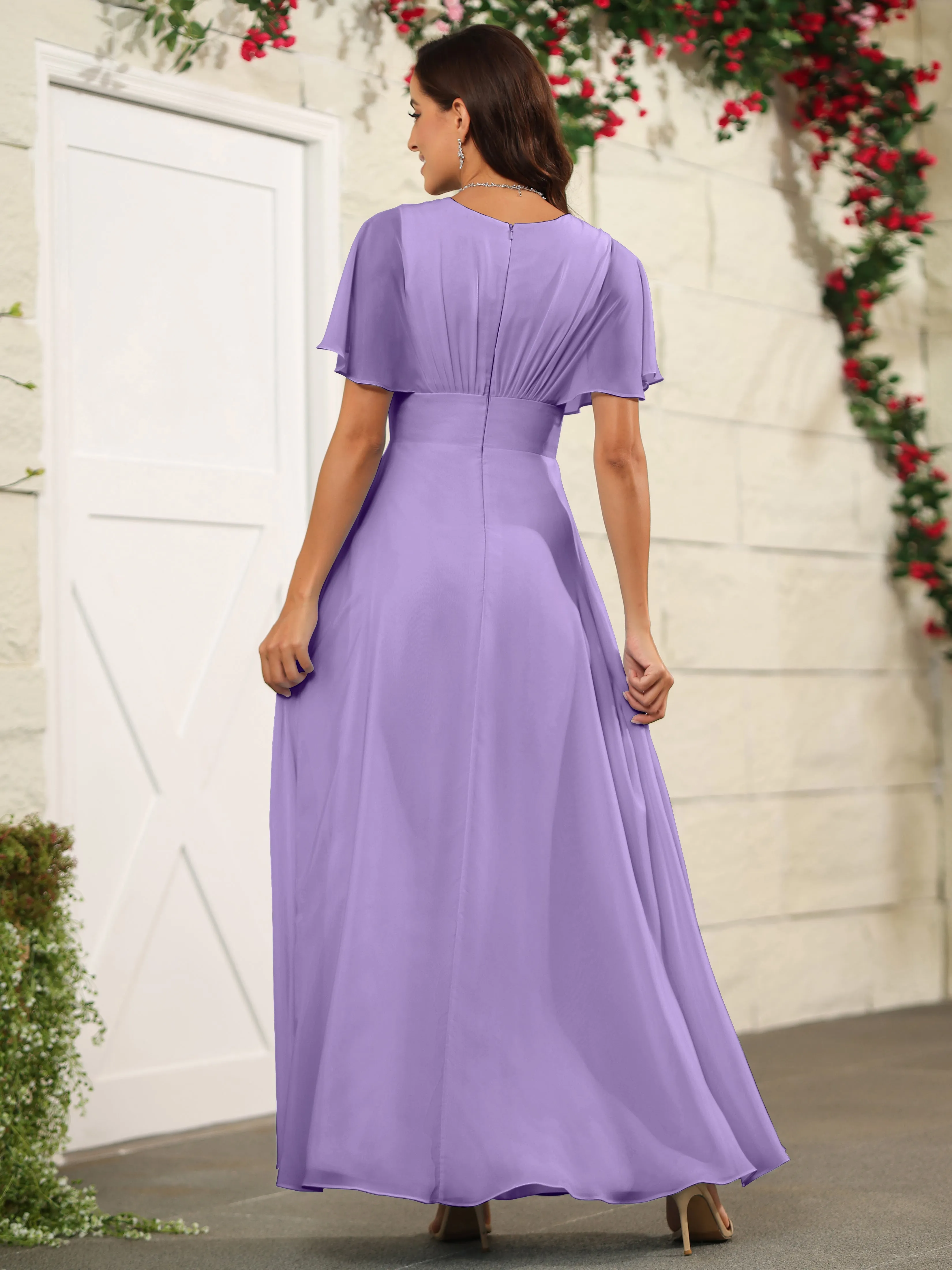 Chiffon Short Sleeves V-Neck Bridesmaid Dress with Slit
