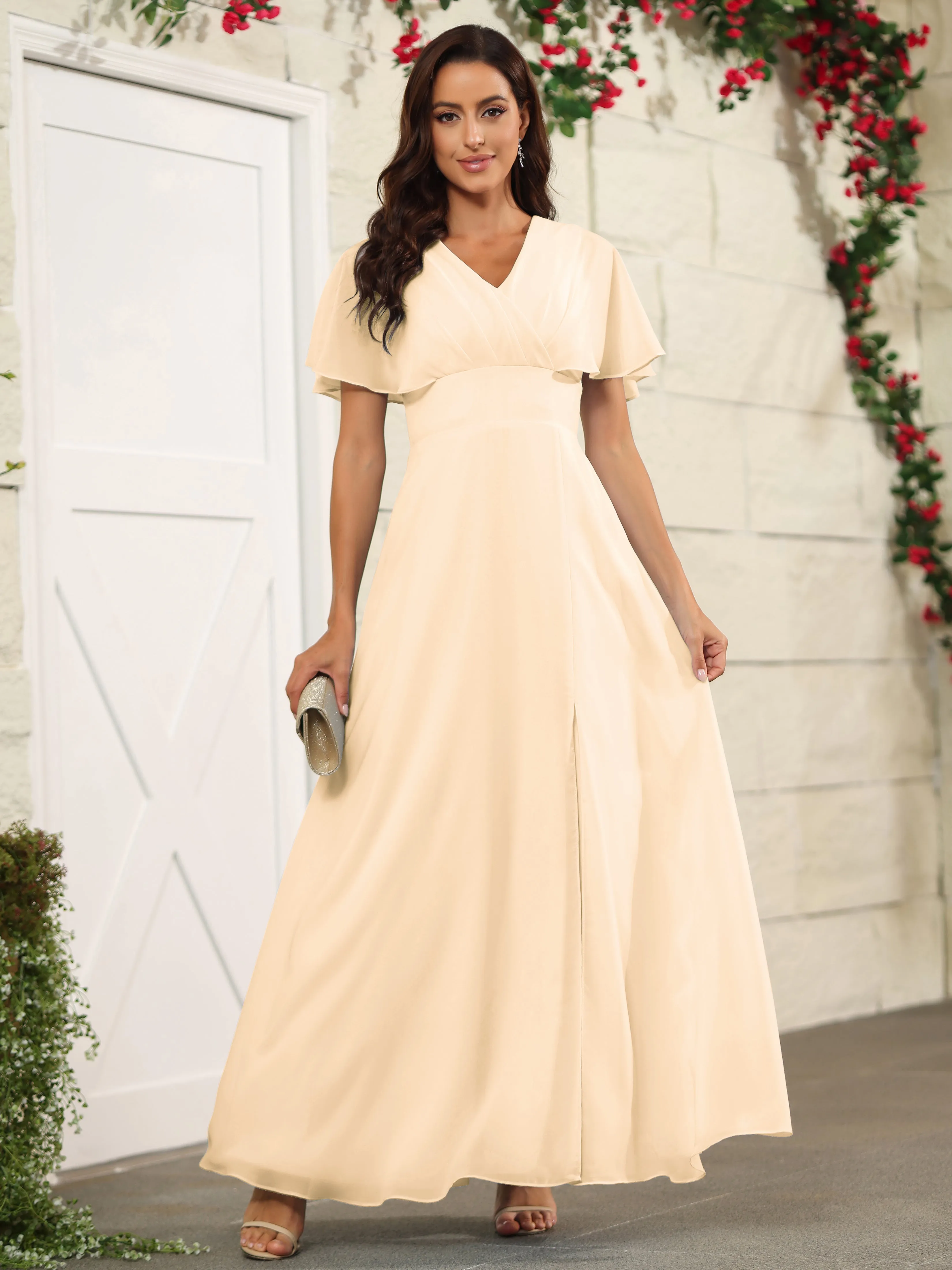 Chiffon Short Sleeves V-Neck Bridesmaid Dress with Slit