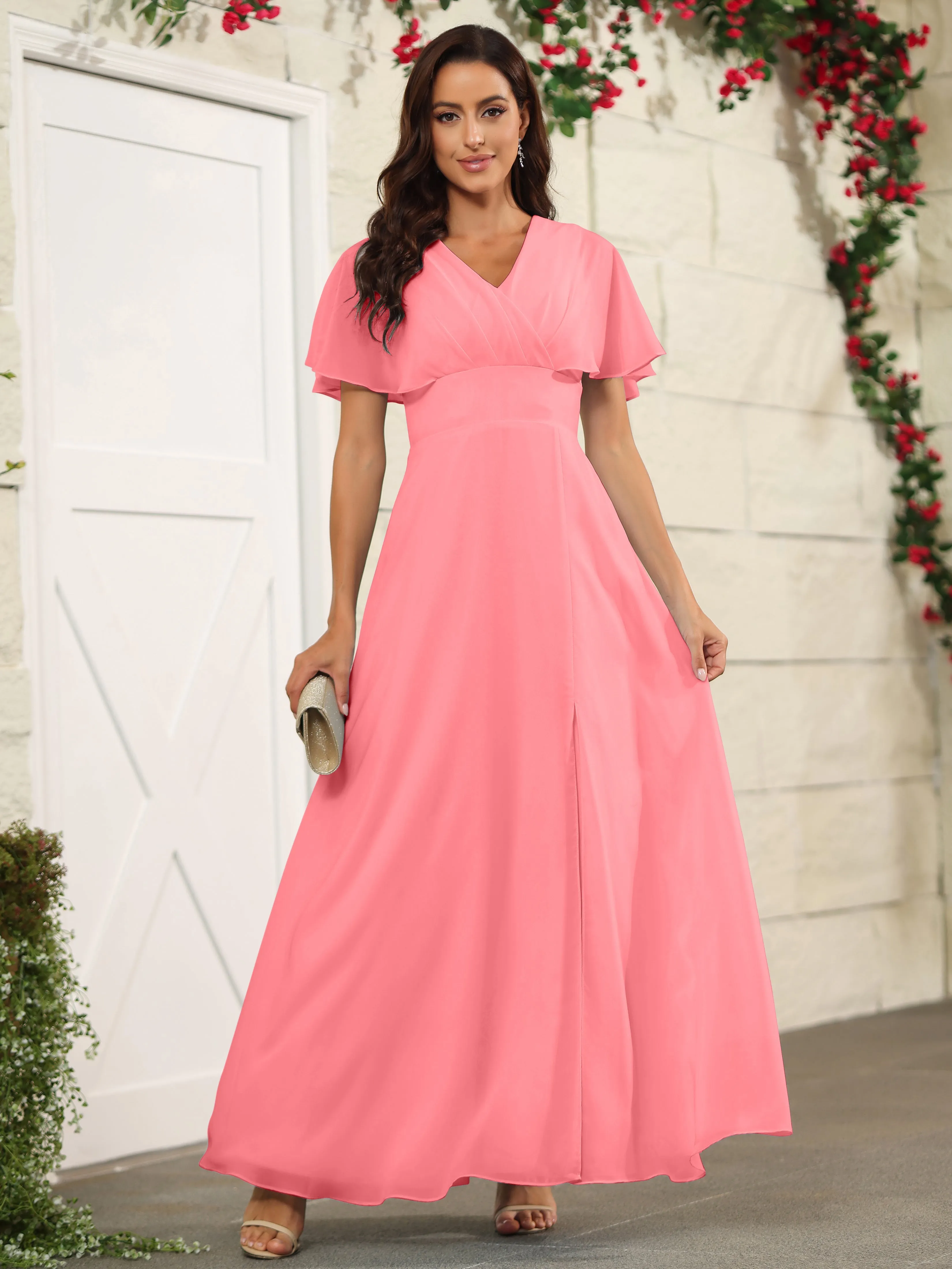 Chiffon Short Sleeves V-Neck Bridesmaid Dress with Slit