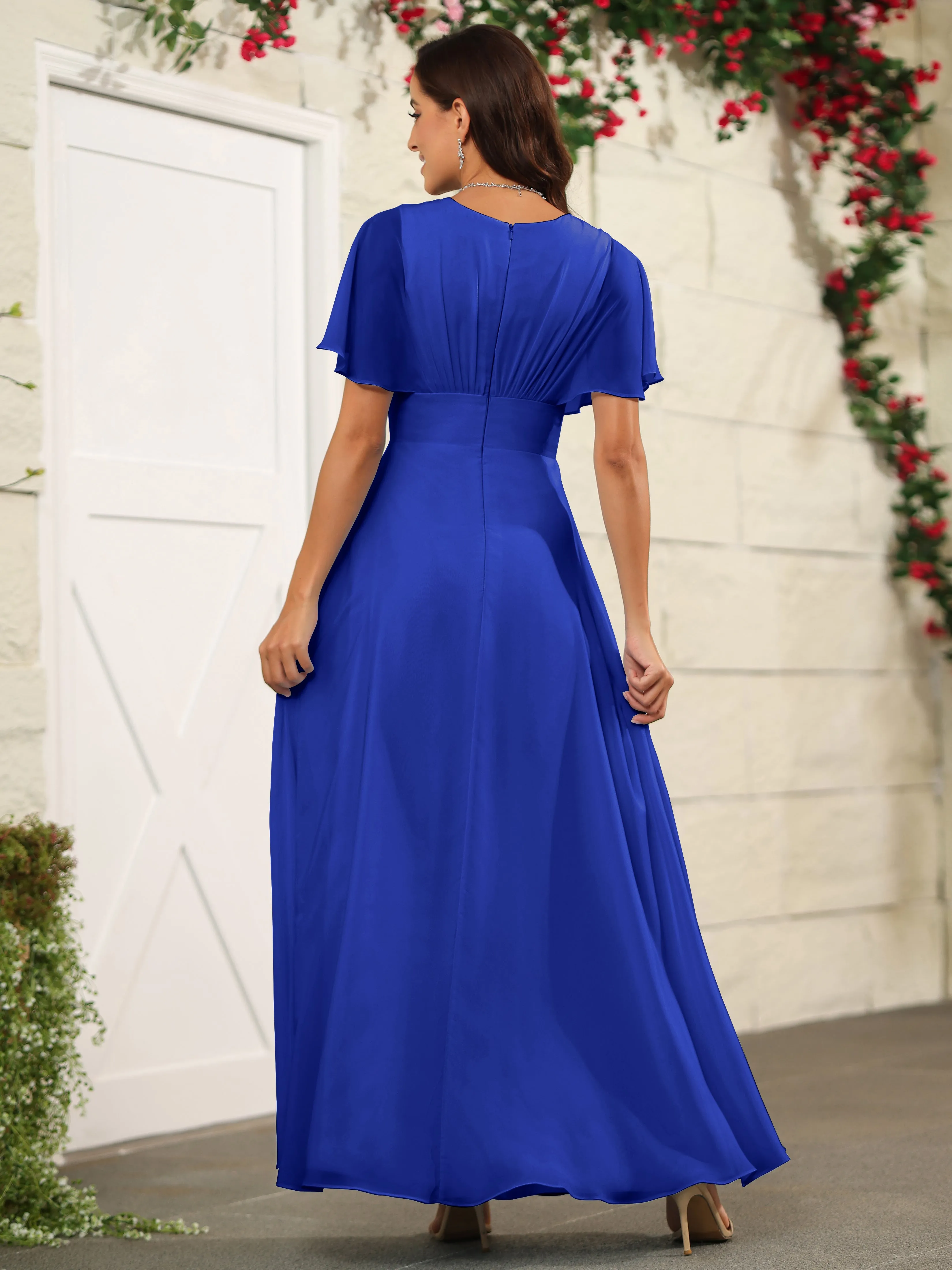 Chiffon Short Sleeves V-Neck Bridesmaid Dress with Slit