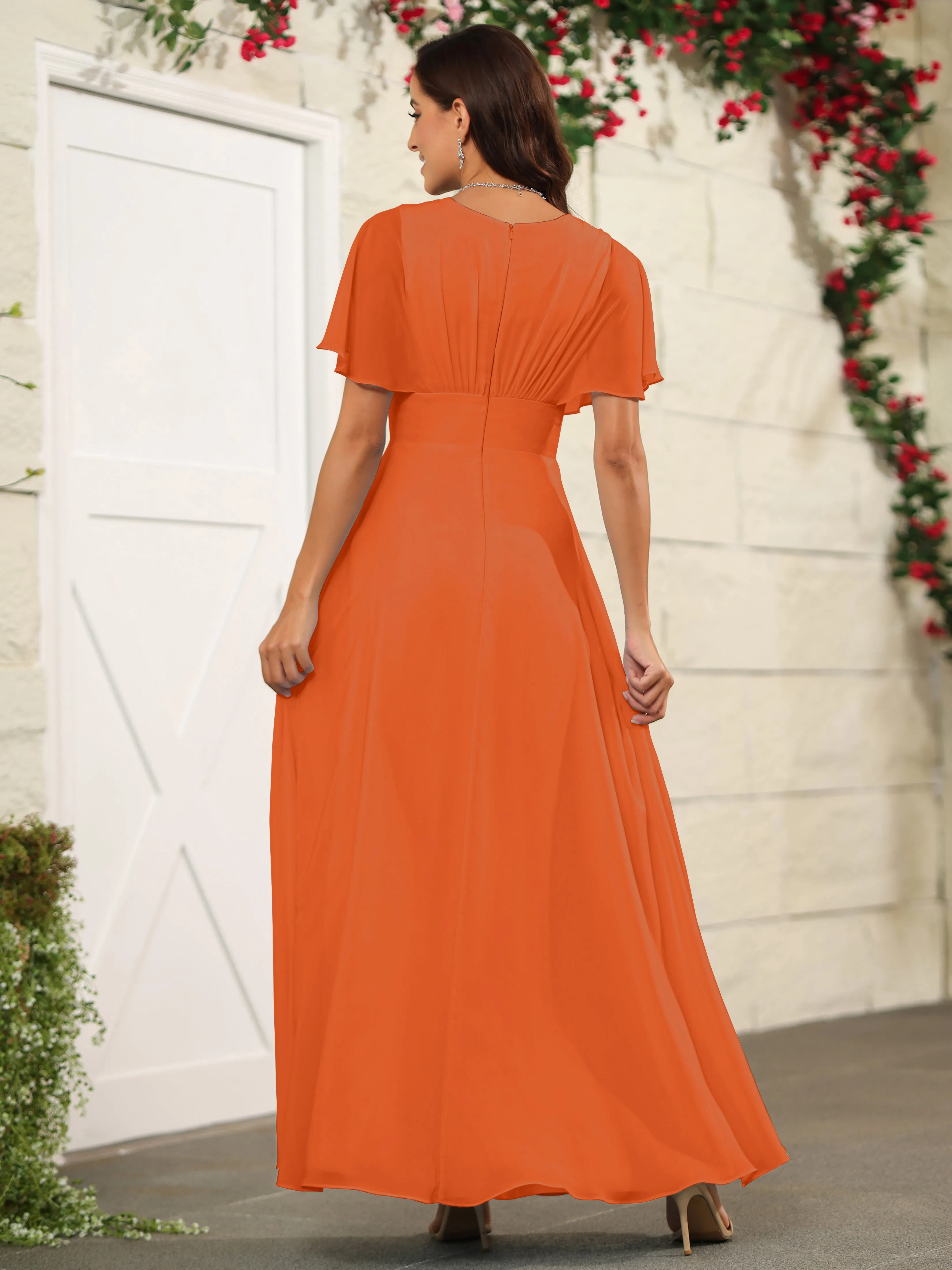 Chiffon Short Sleeves V-Neck Bridesmaid Dress with Slit