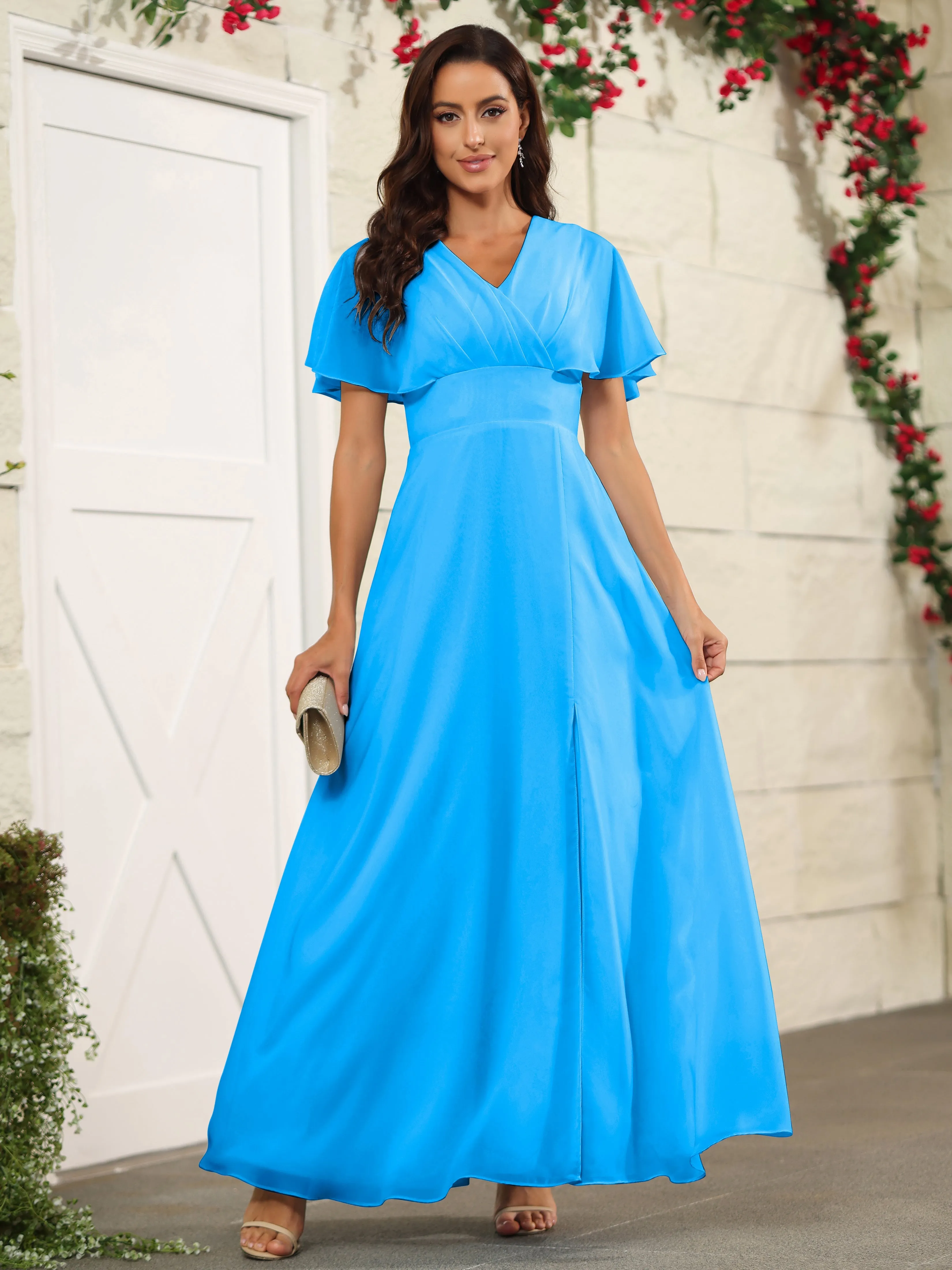 Chiffon Short Sleeves V-Neck Bridesmaid Dress with Slit