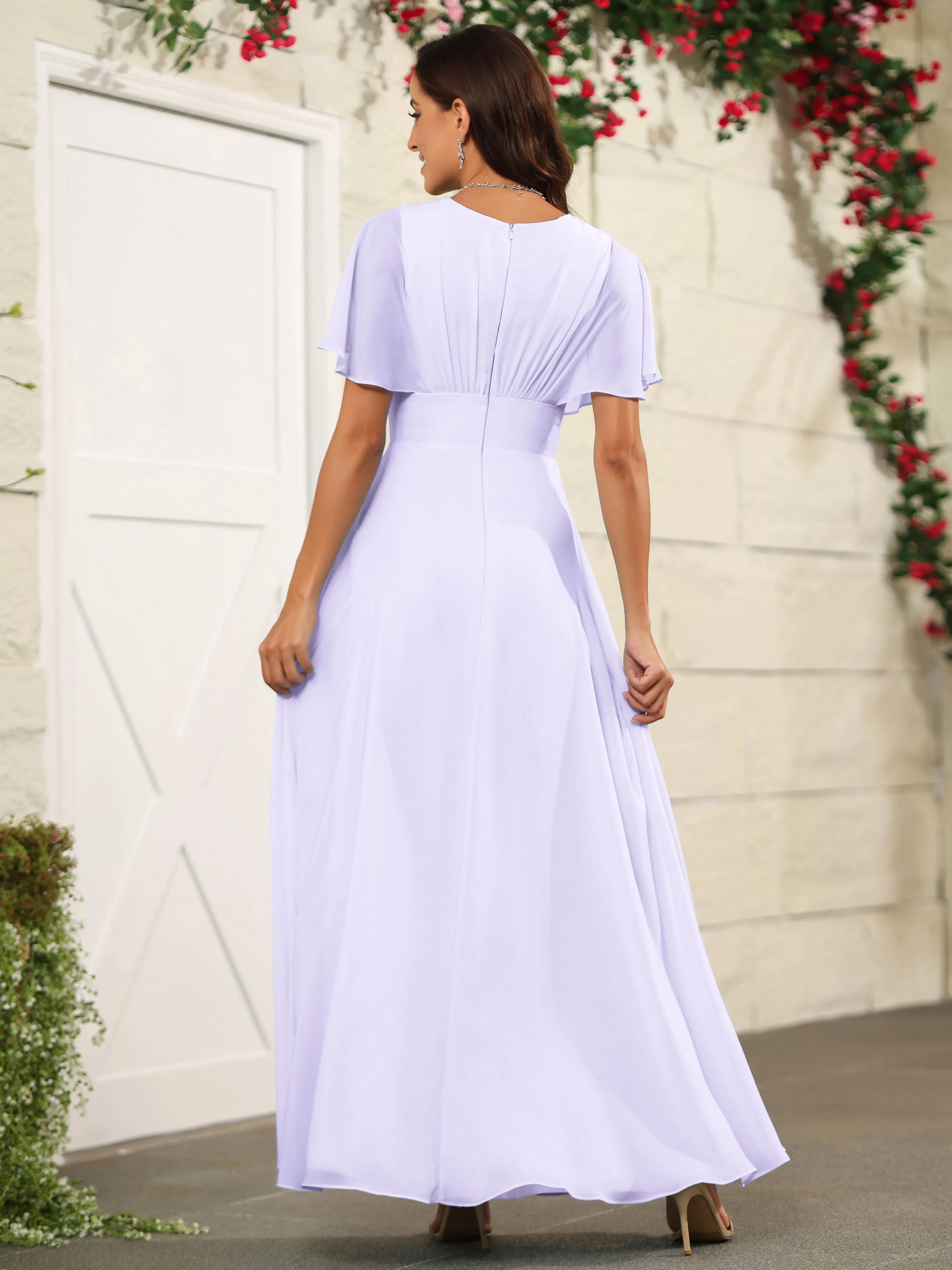 Chiffon Short Sleeves V-Neck Bridesmaid Dress with Slit
