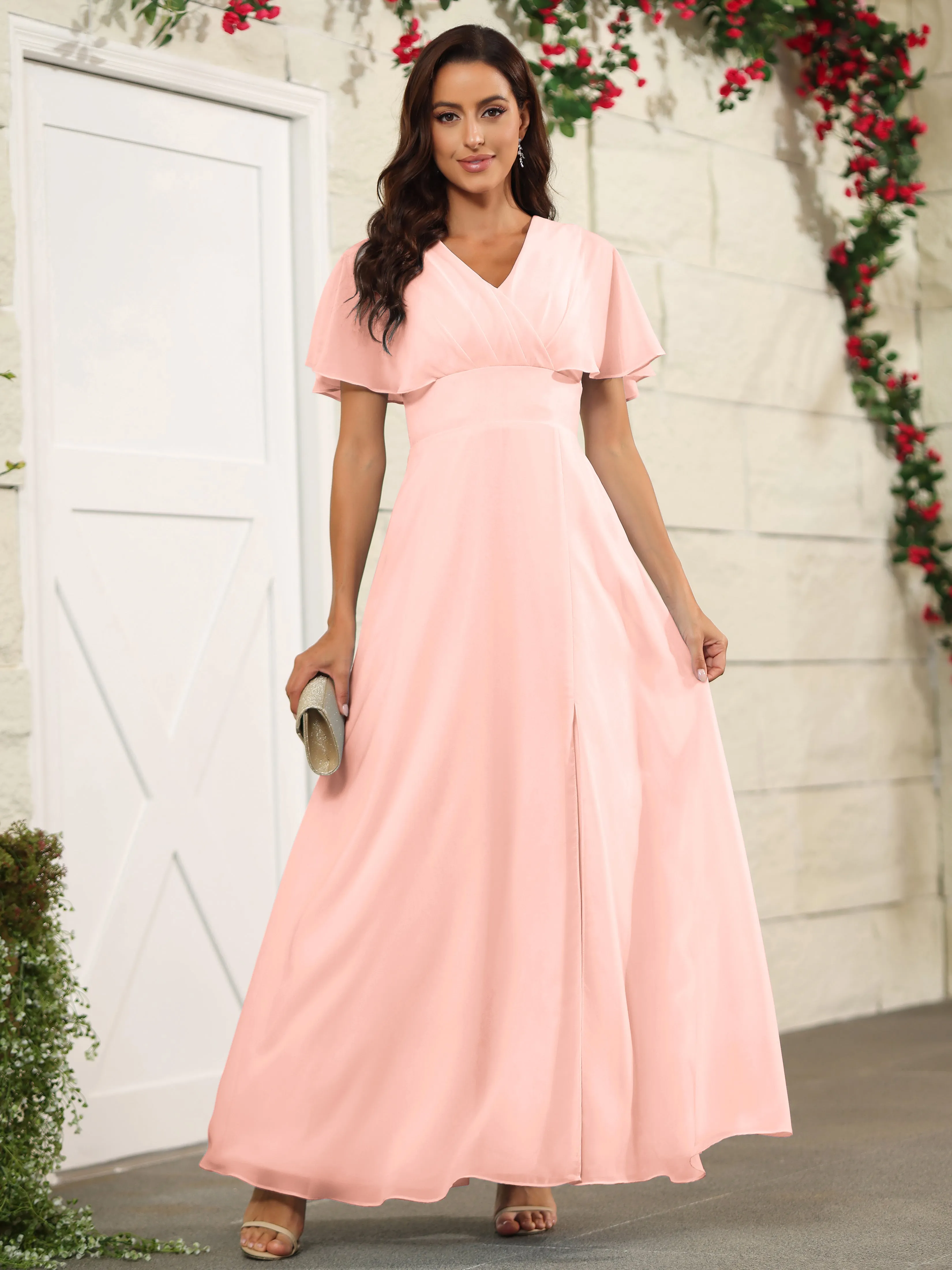 Chiffon Short Sleeves V-Neck Bridesmaid Dress with Slit