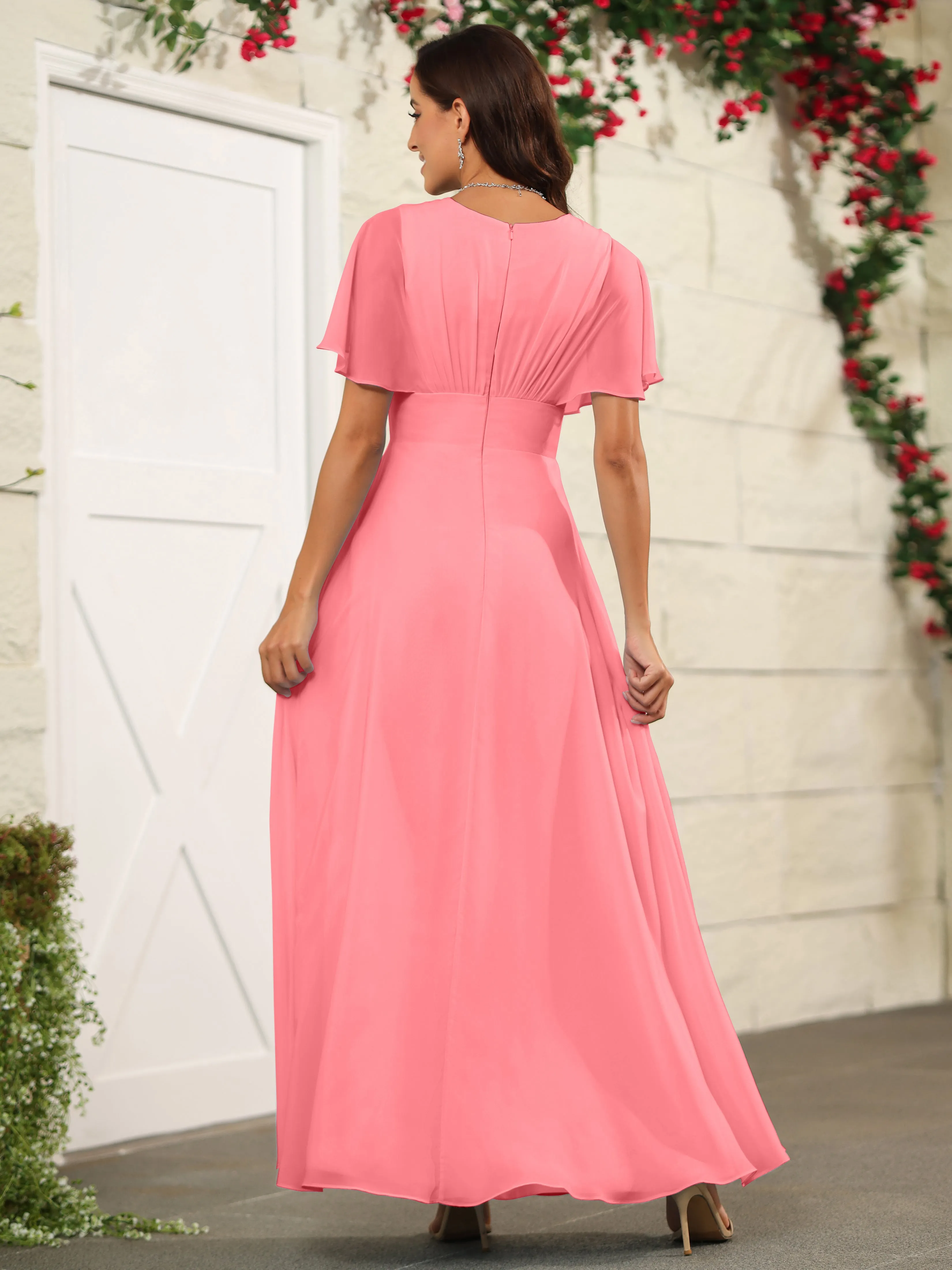 Chiffon Short Sleeves V-Neck Bridesmaid Dress with Slit