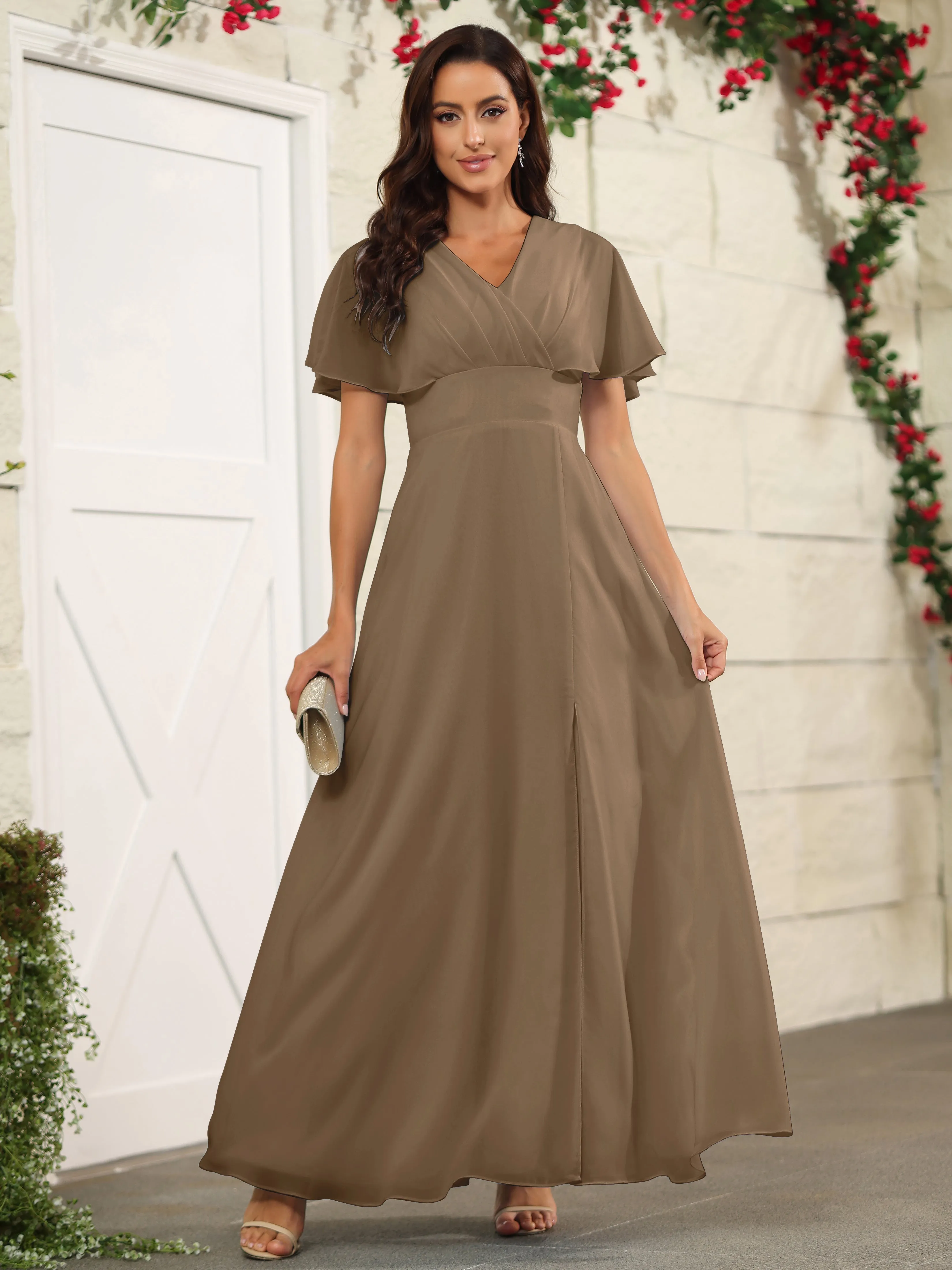 Chiffon Short Sleeves V-Neck Bridesmaid Dress with Slit