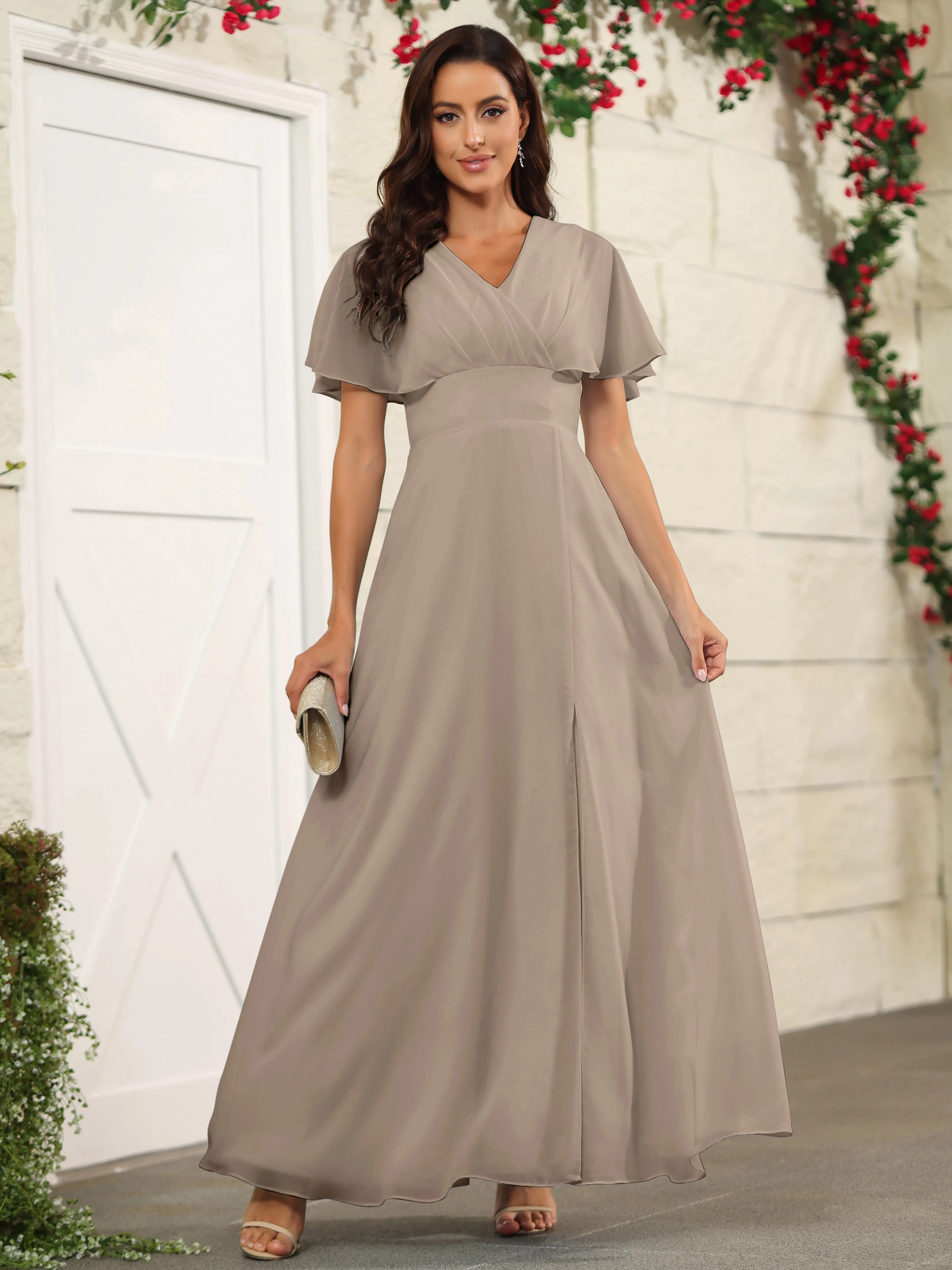 Chiffon Short Sleeves V-Neck Bridesmaid Dress with Slit