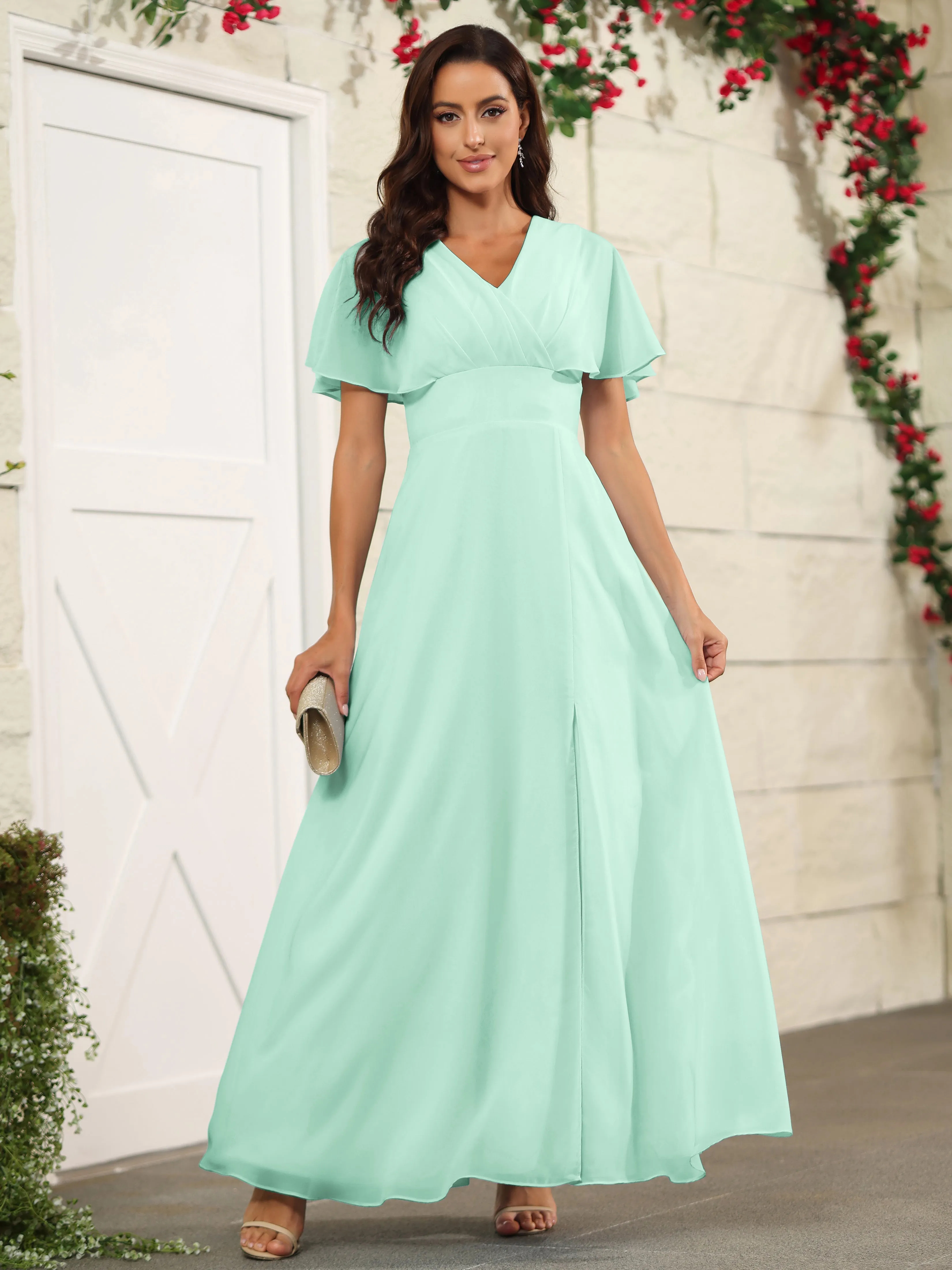 Chiffon Short Sleeves V-Neck Bridesmaid Dress with Slit