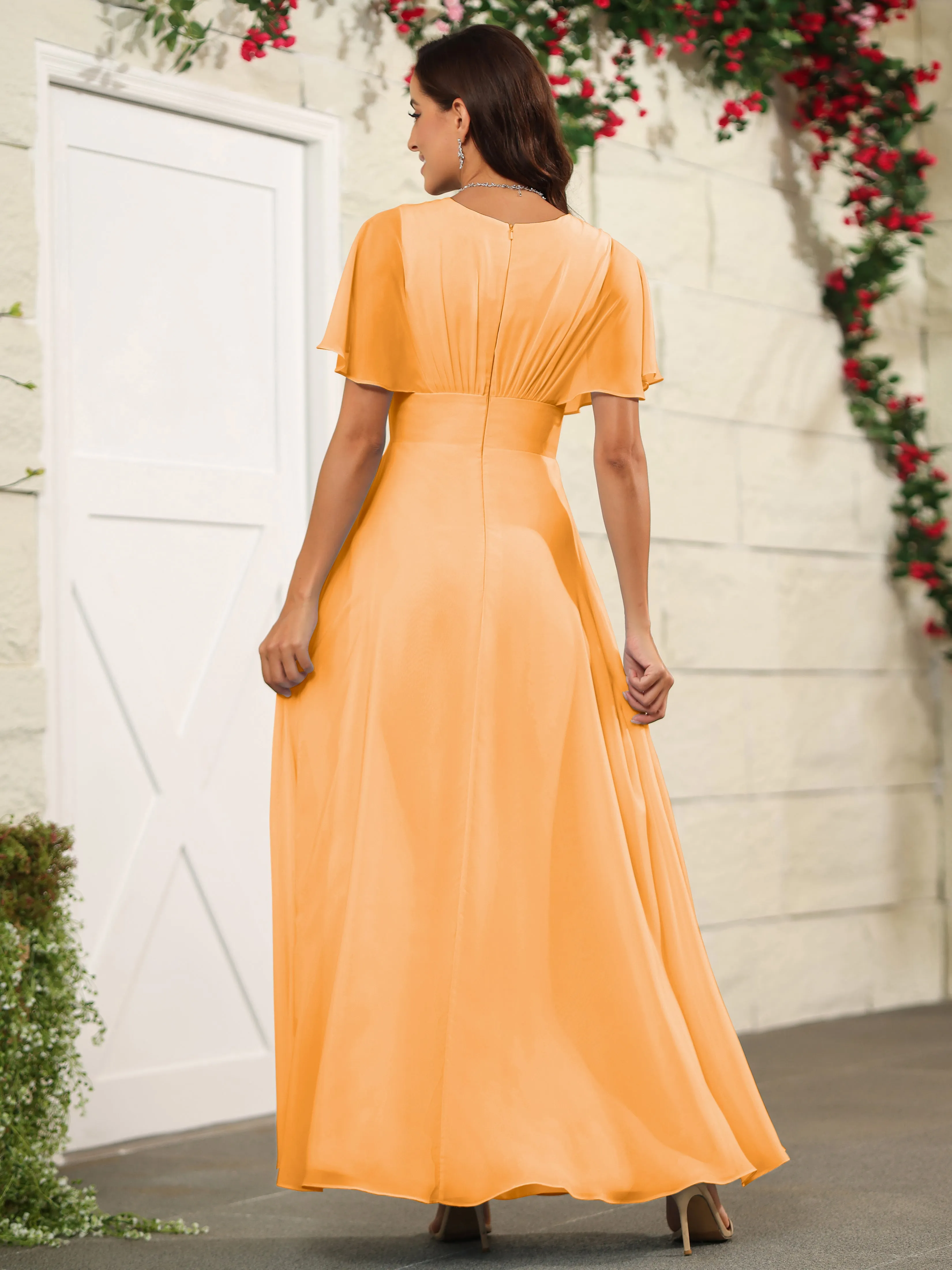 Chiffon Short Sleeves V-Neck Bridesmaid Dress with Slit