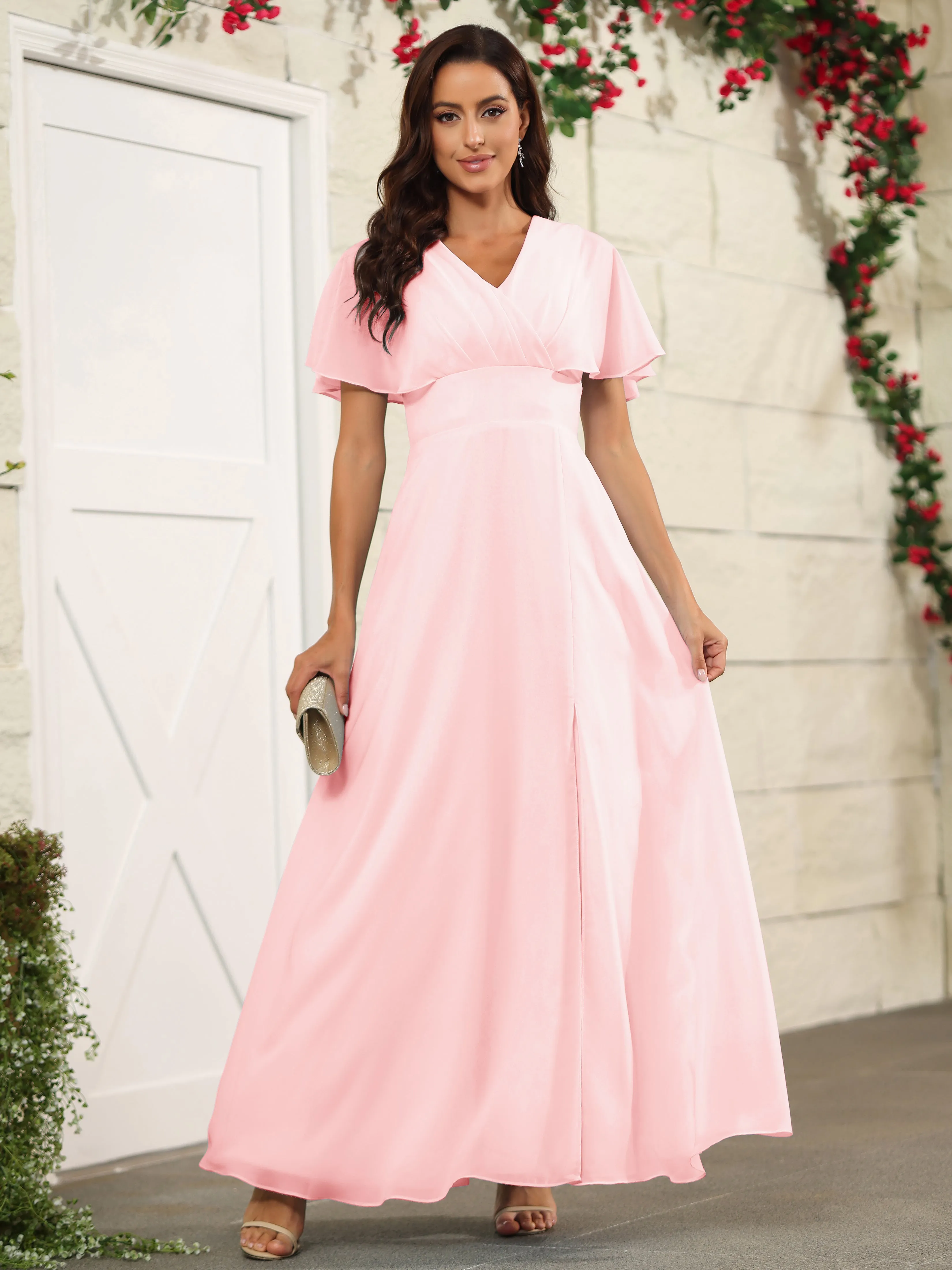 Chiffon Short Sleeves V-Neck Bridesmaid Dress with Slit