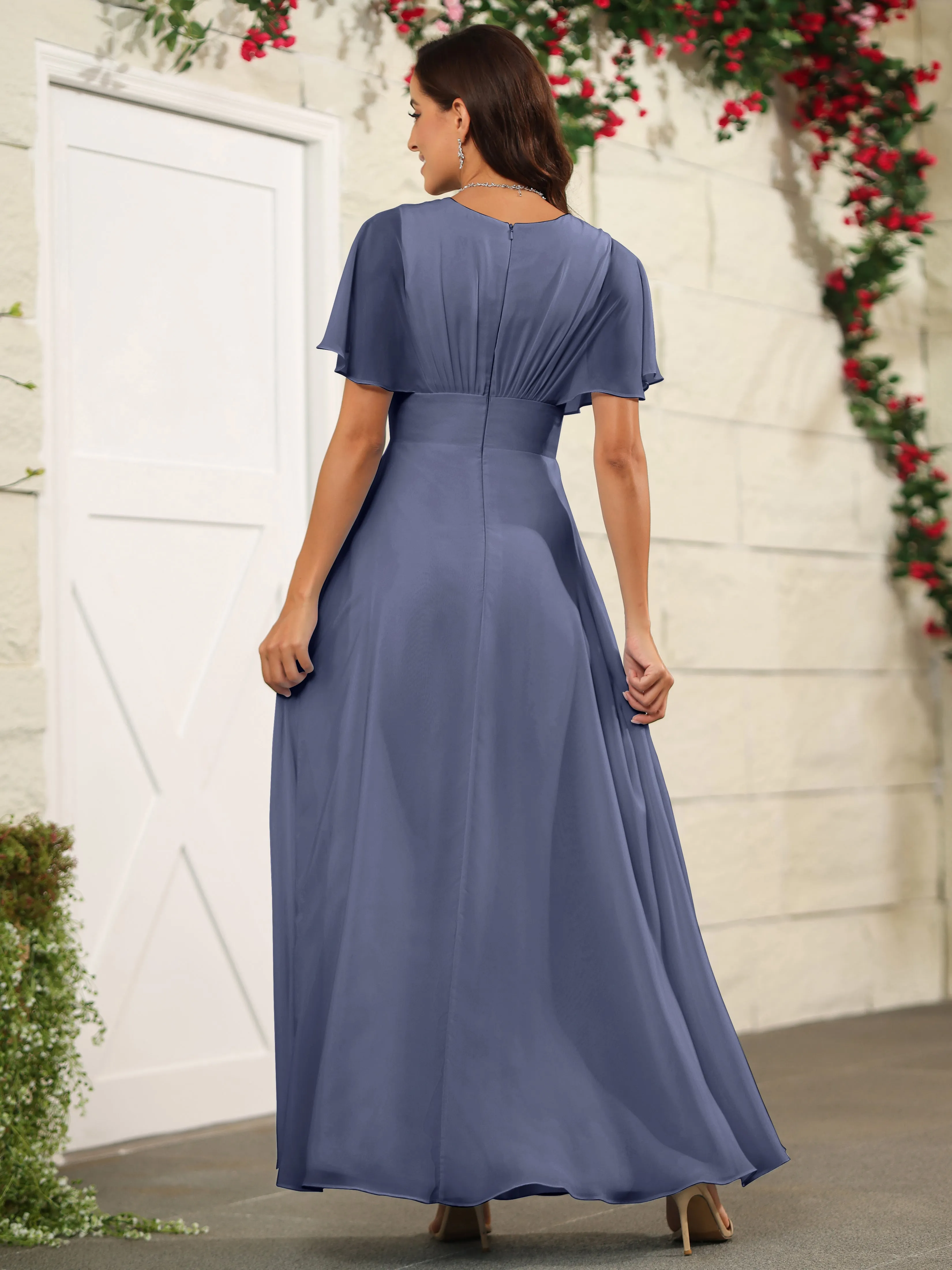 Chiffon Short Sleeves V-Neck Bridesmaid Dress with Slit
