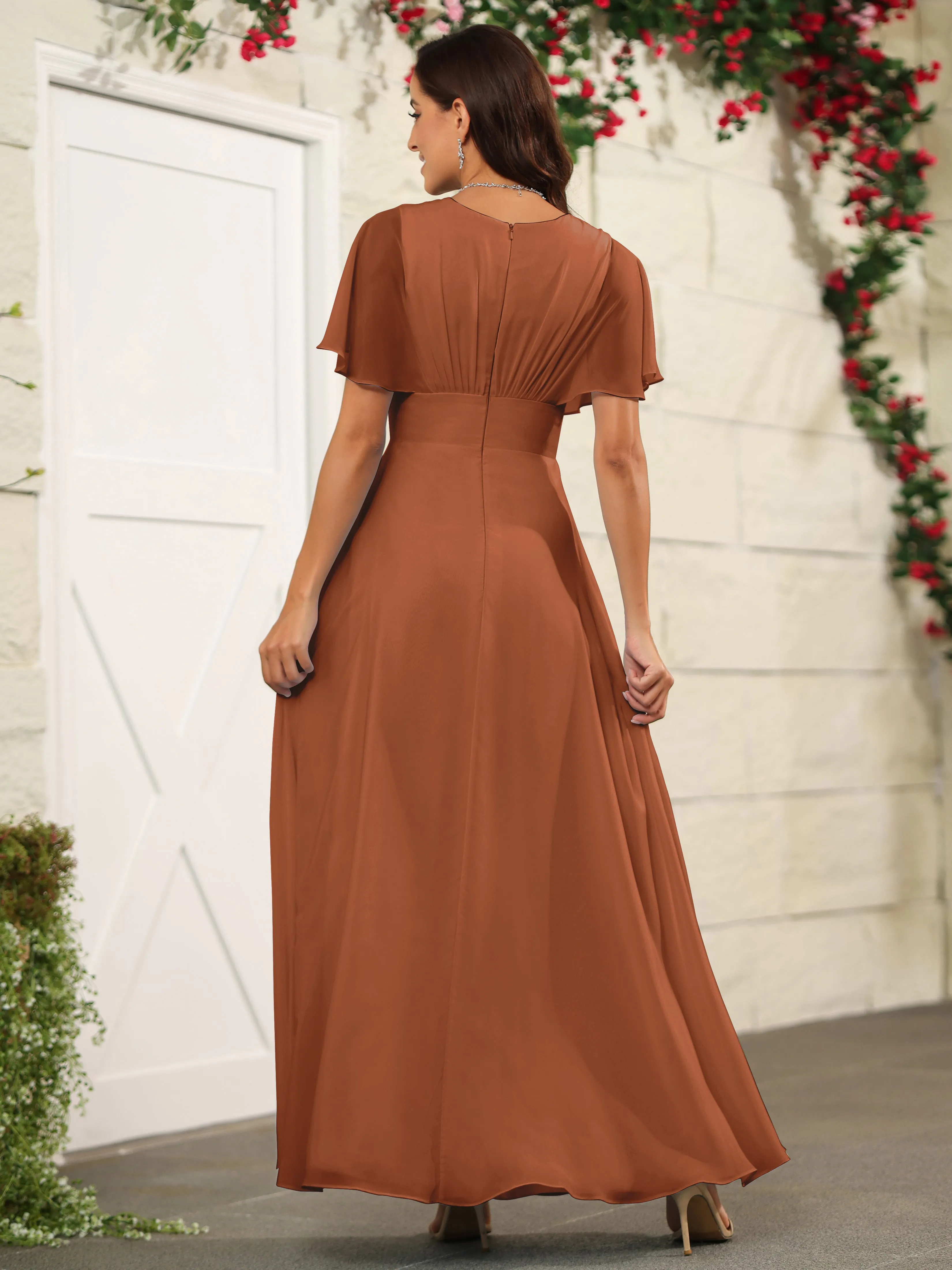 Chiffon Short Sleeves V-Neck Bridesmaid Dress with Slit