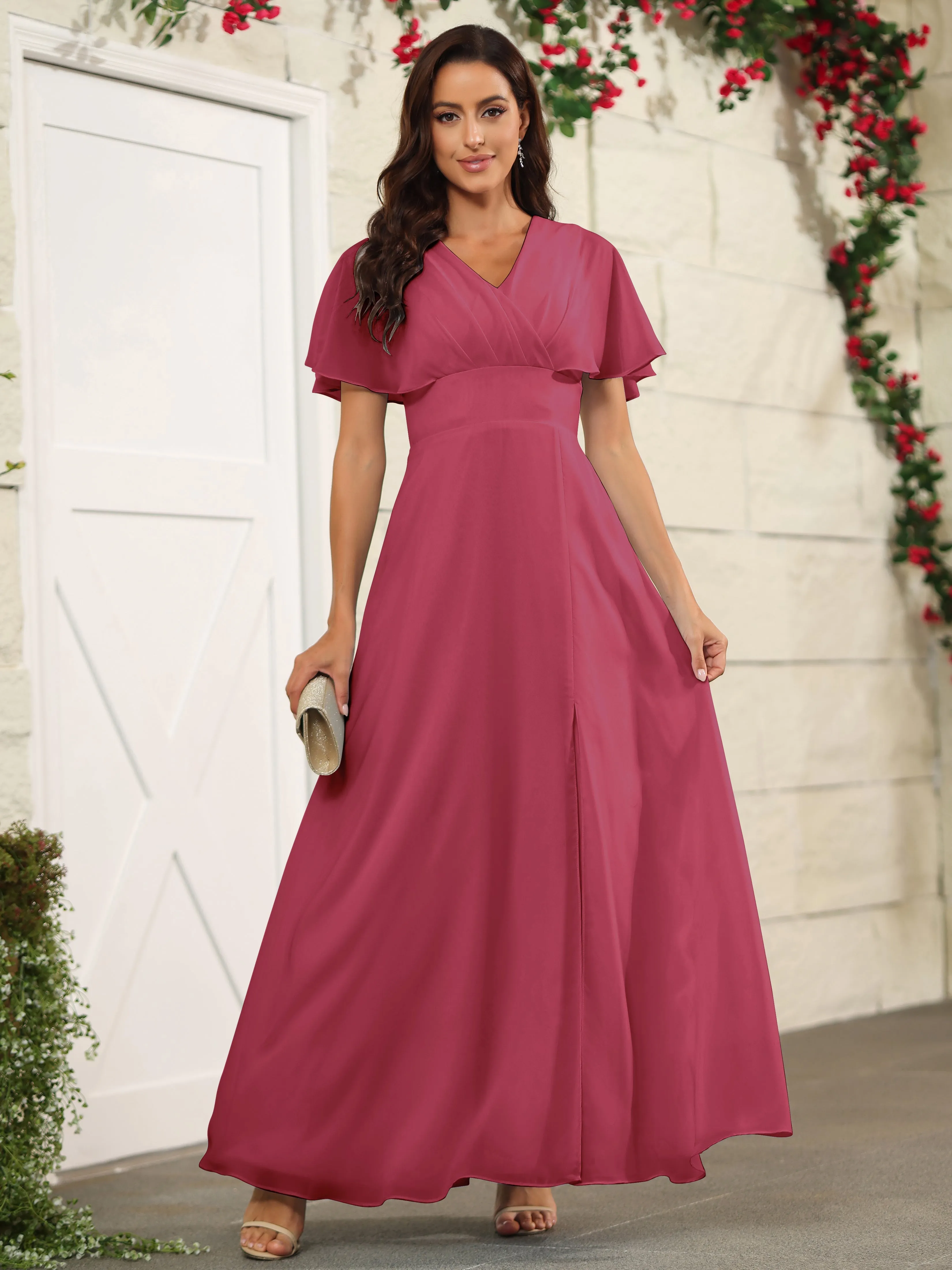 Chiffon Short Sleeves V-Neck Bridesmaid Dress with Slit