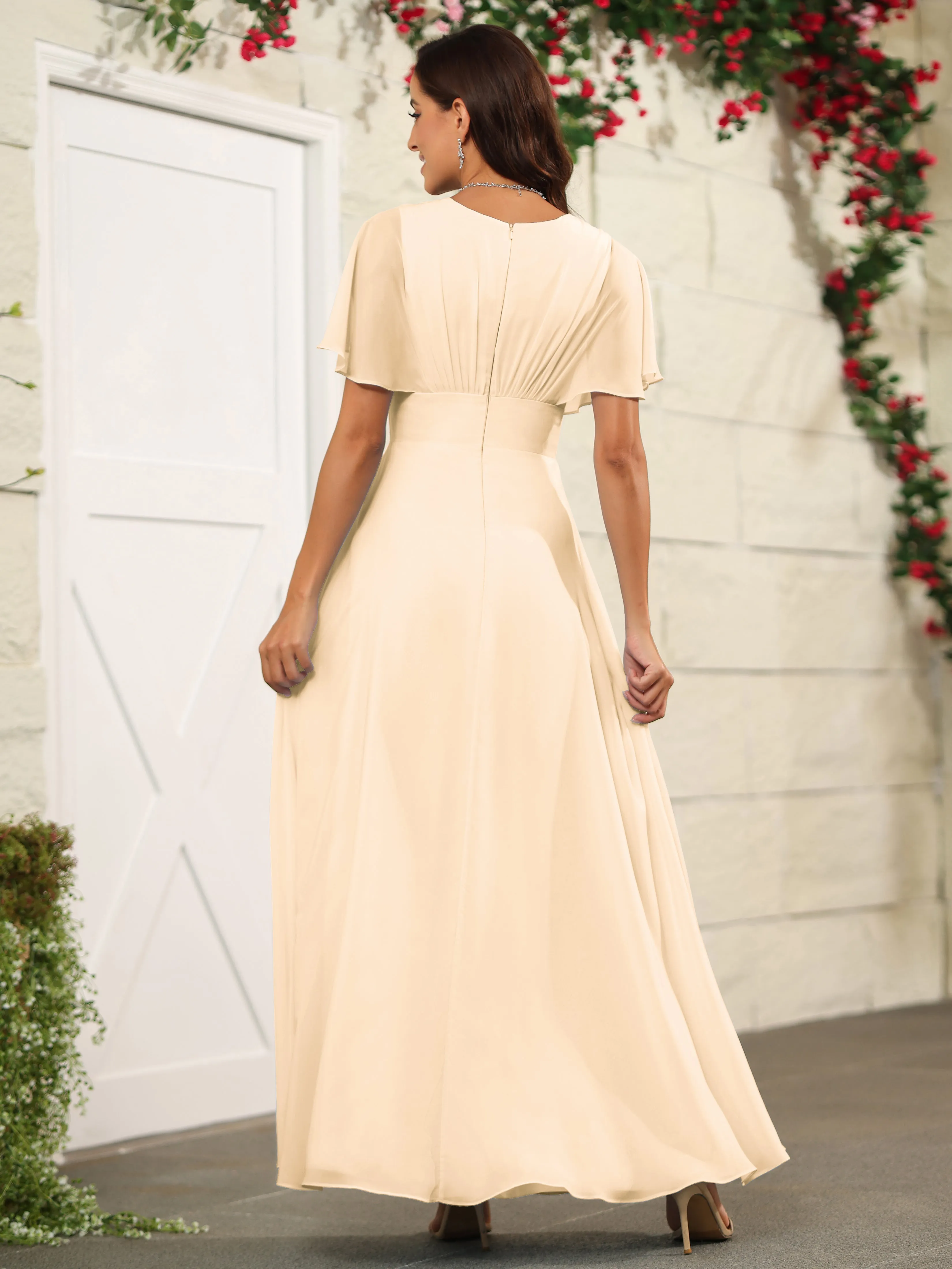 Chiffon Short Sleeves V-Neck Bridesmaid Dress with Slit