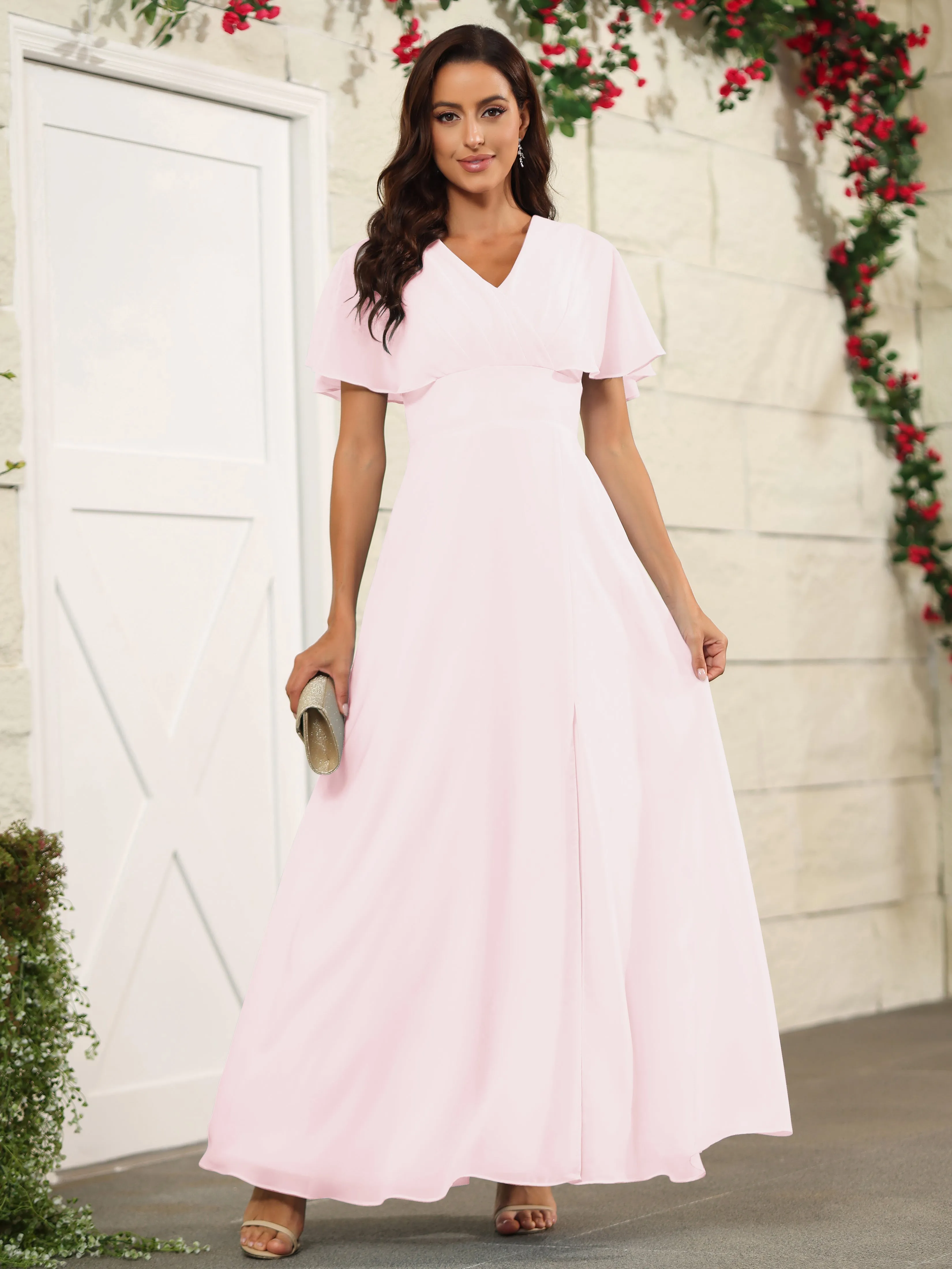 Chiffon Short Sleeves V-Neck Bridesmaid Dress with Slit