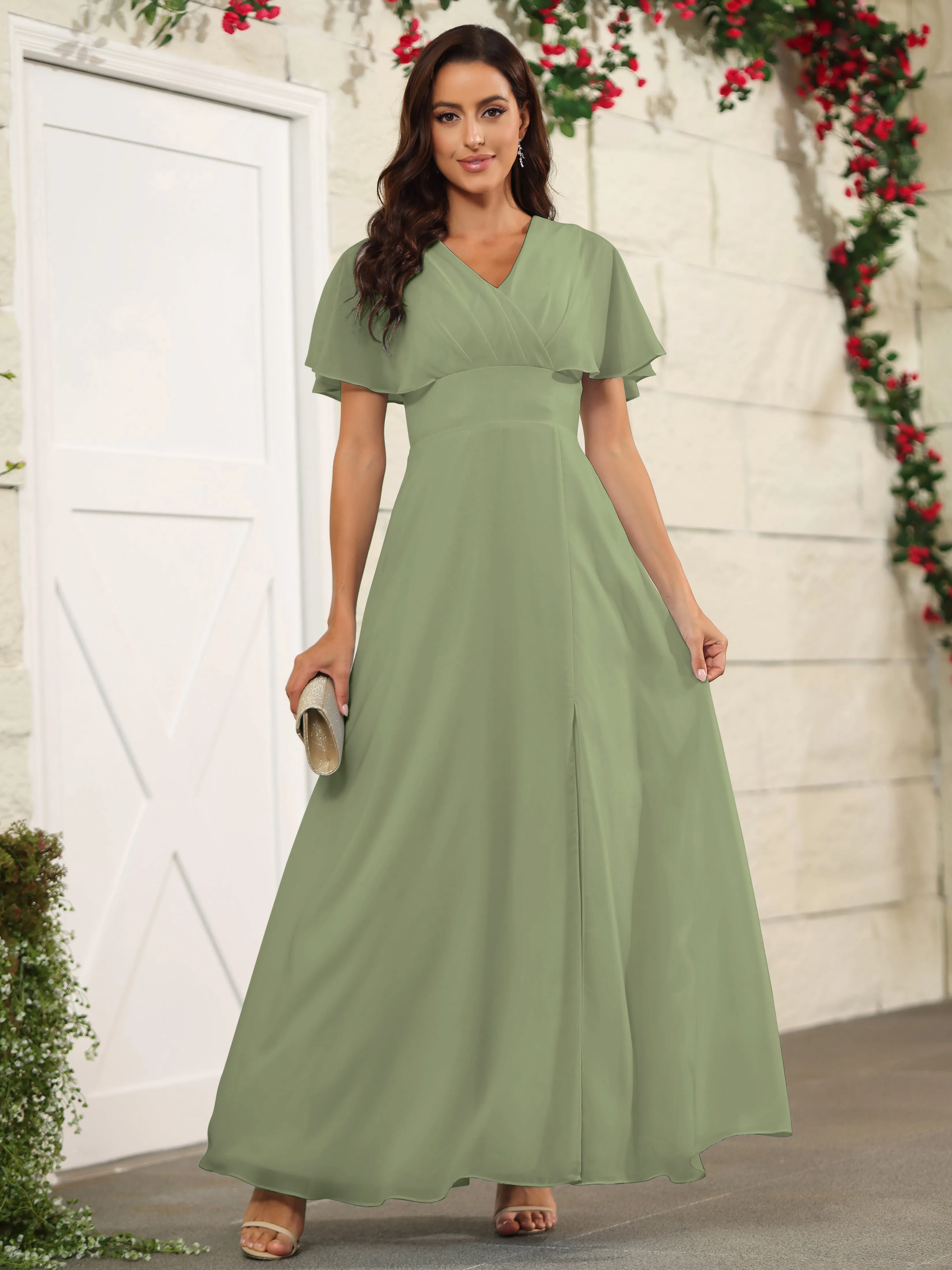 Chiffon Short Sleeves V-Neck Bridesmaid Dress with Slit