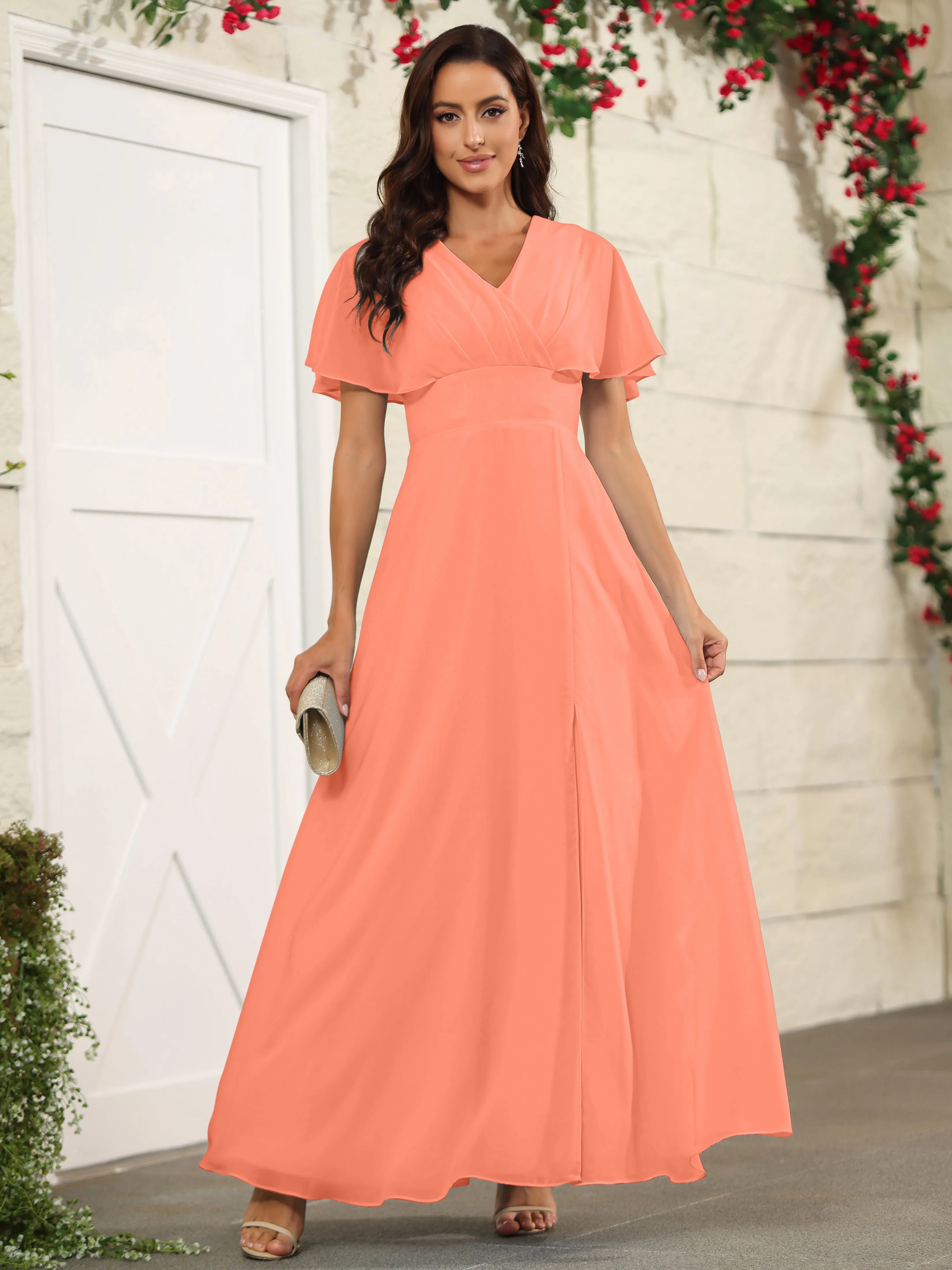 Chiffon Short Sleeves V-Neck Bridesmaid Dress with Slit