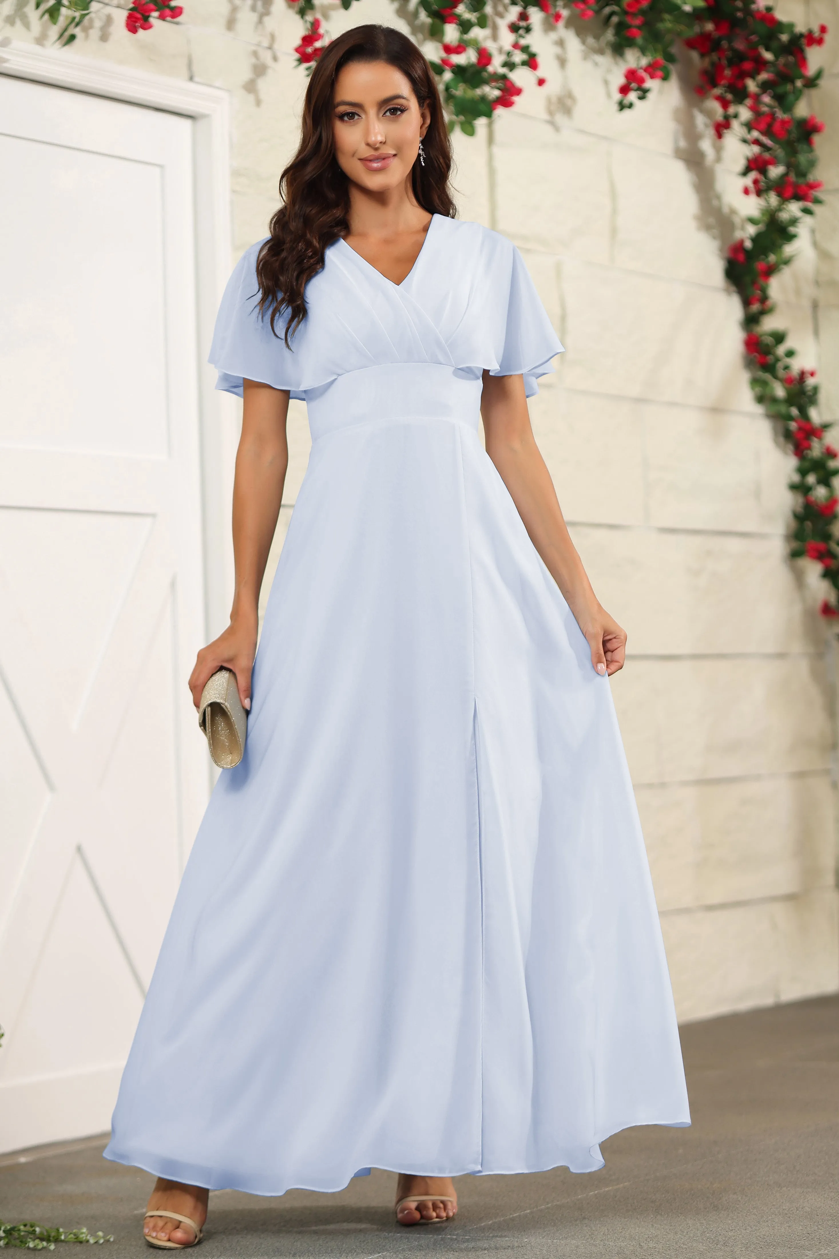 Chiffon Short Sleeves V-Neck Bridesmaid Dress with Slit