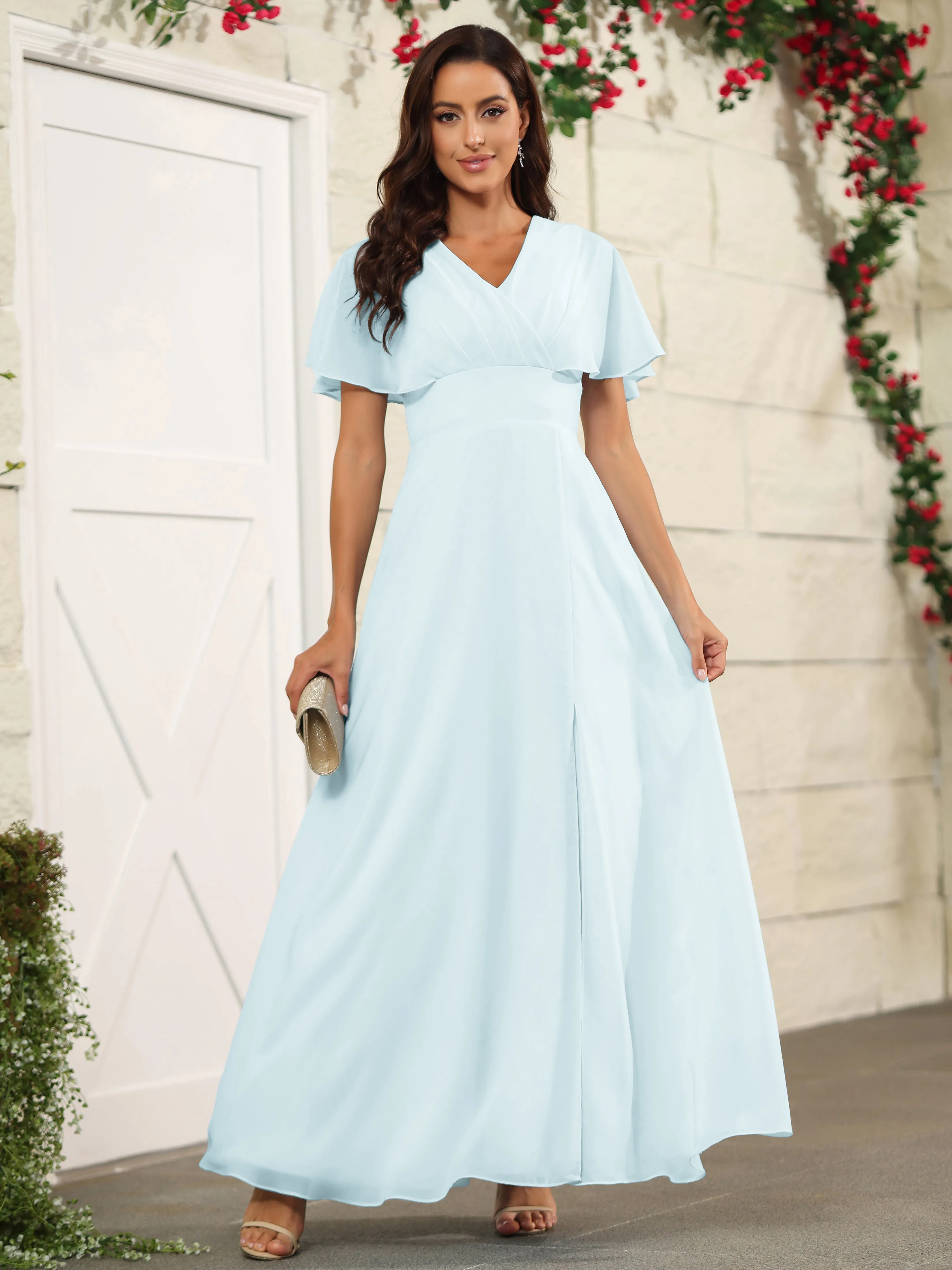 Chiffon Short Sleeves V-Neck Bridesmaid Dress with Slit