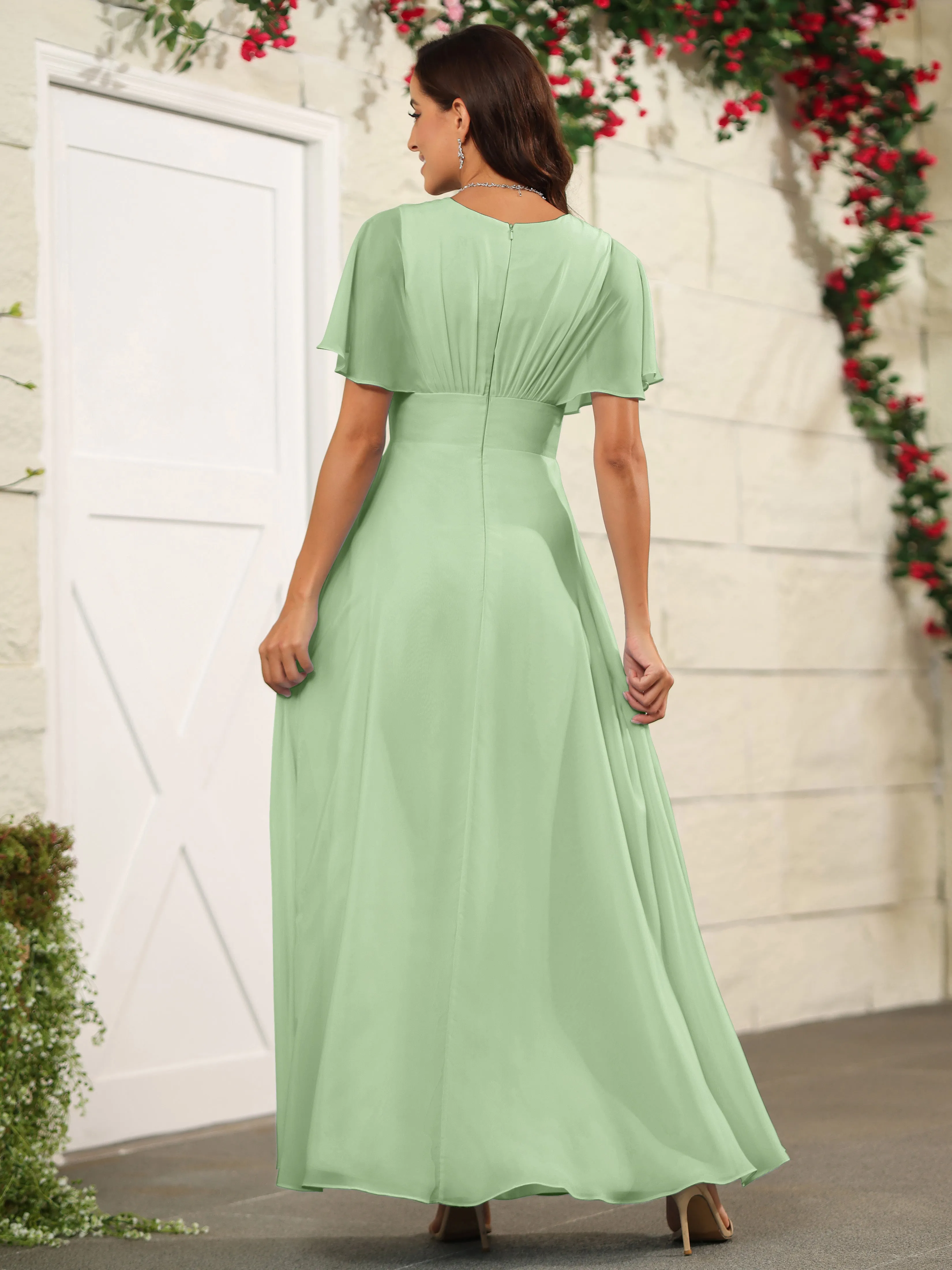Chiffon Short Sleeves V-Neck Bridesmaid Dress with Slit