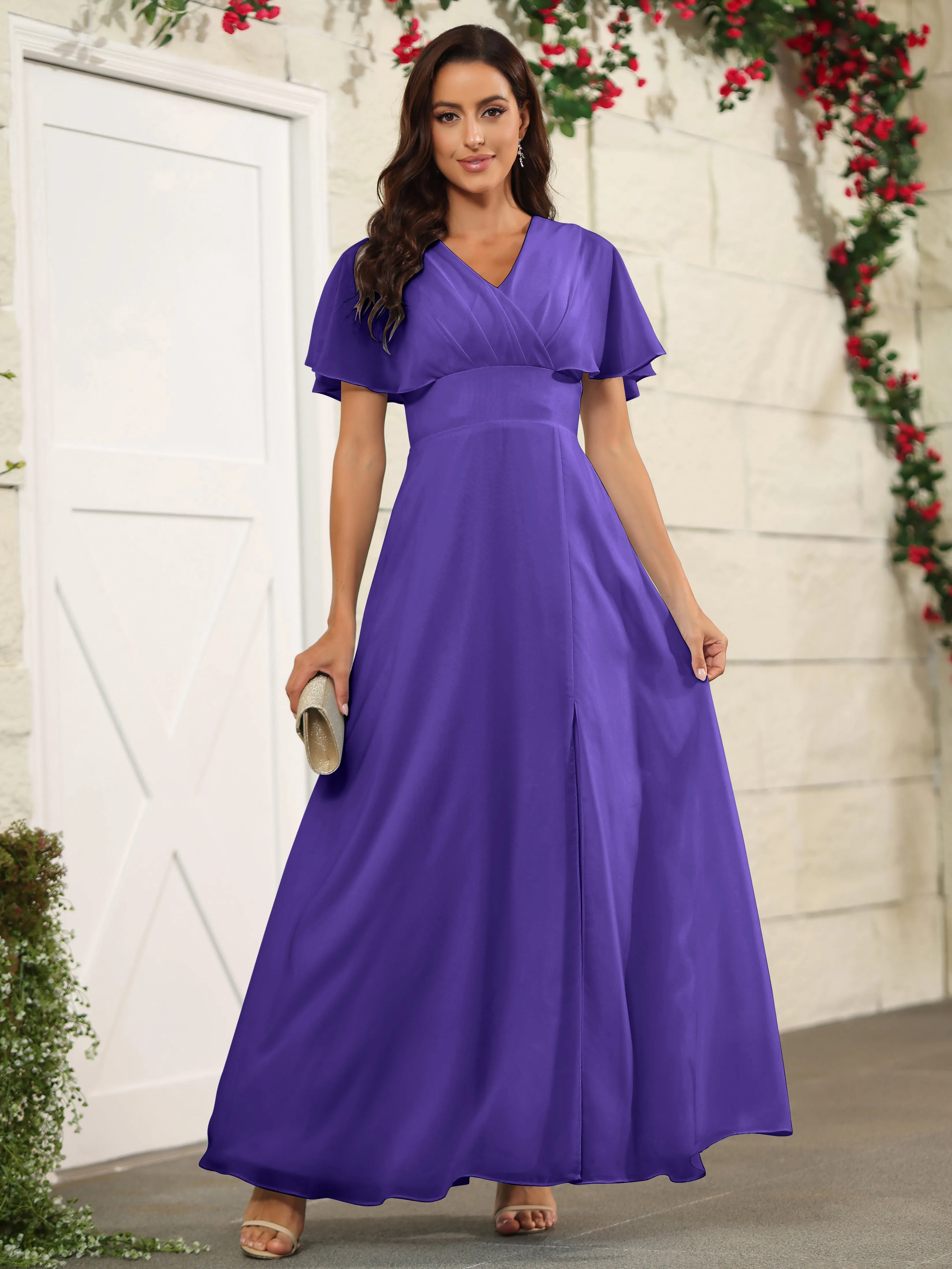 Chiffon Short Sleeves V-Neck Bridesmaid Dress with Slit