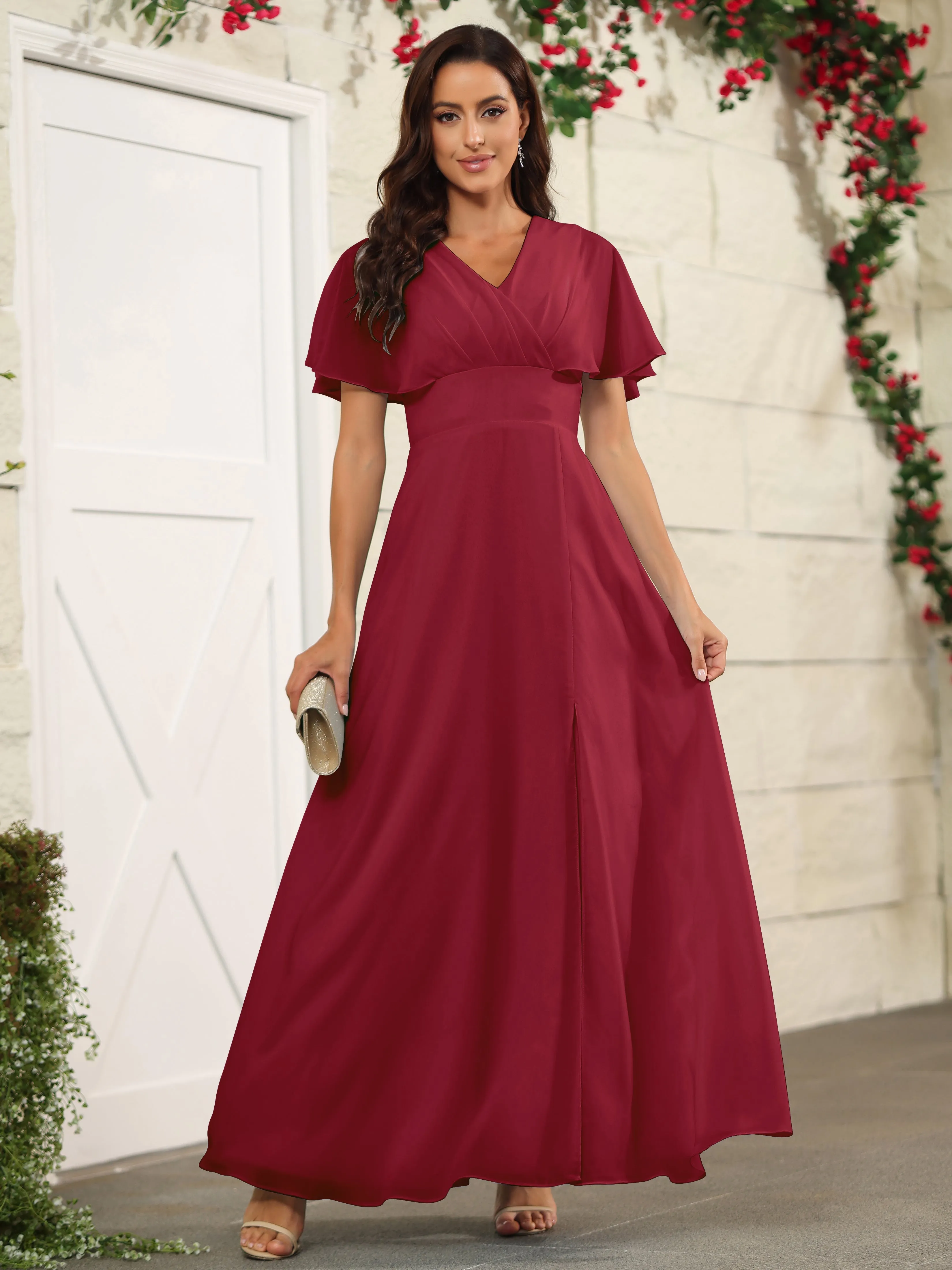 Chiffon Short Sleeves V-Neck Bridesmaid Dress with Slit