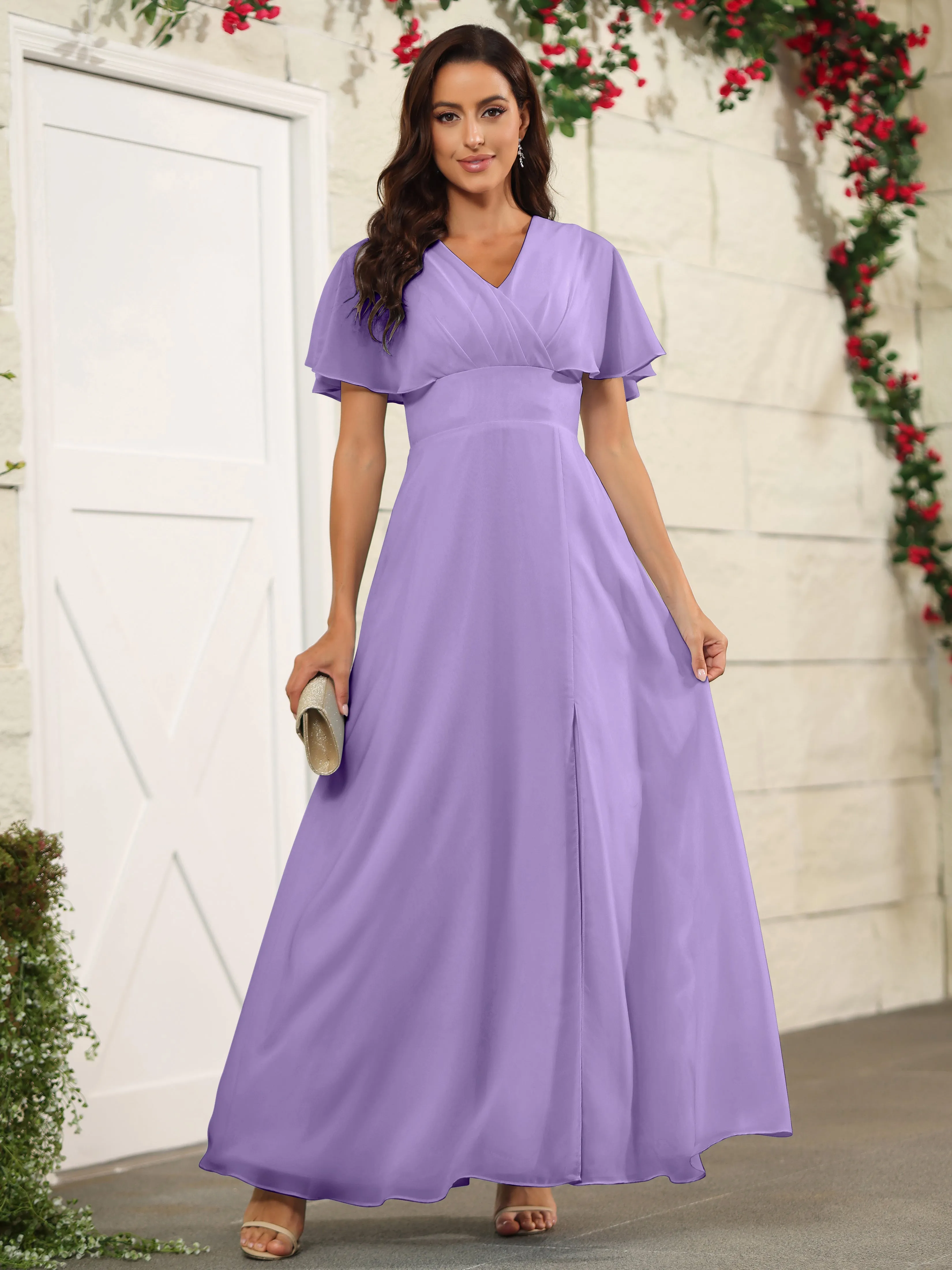 Chiffon Short Sleeves V-Neck Bridesmaid Dress with Slit