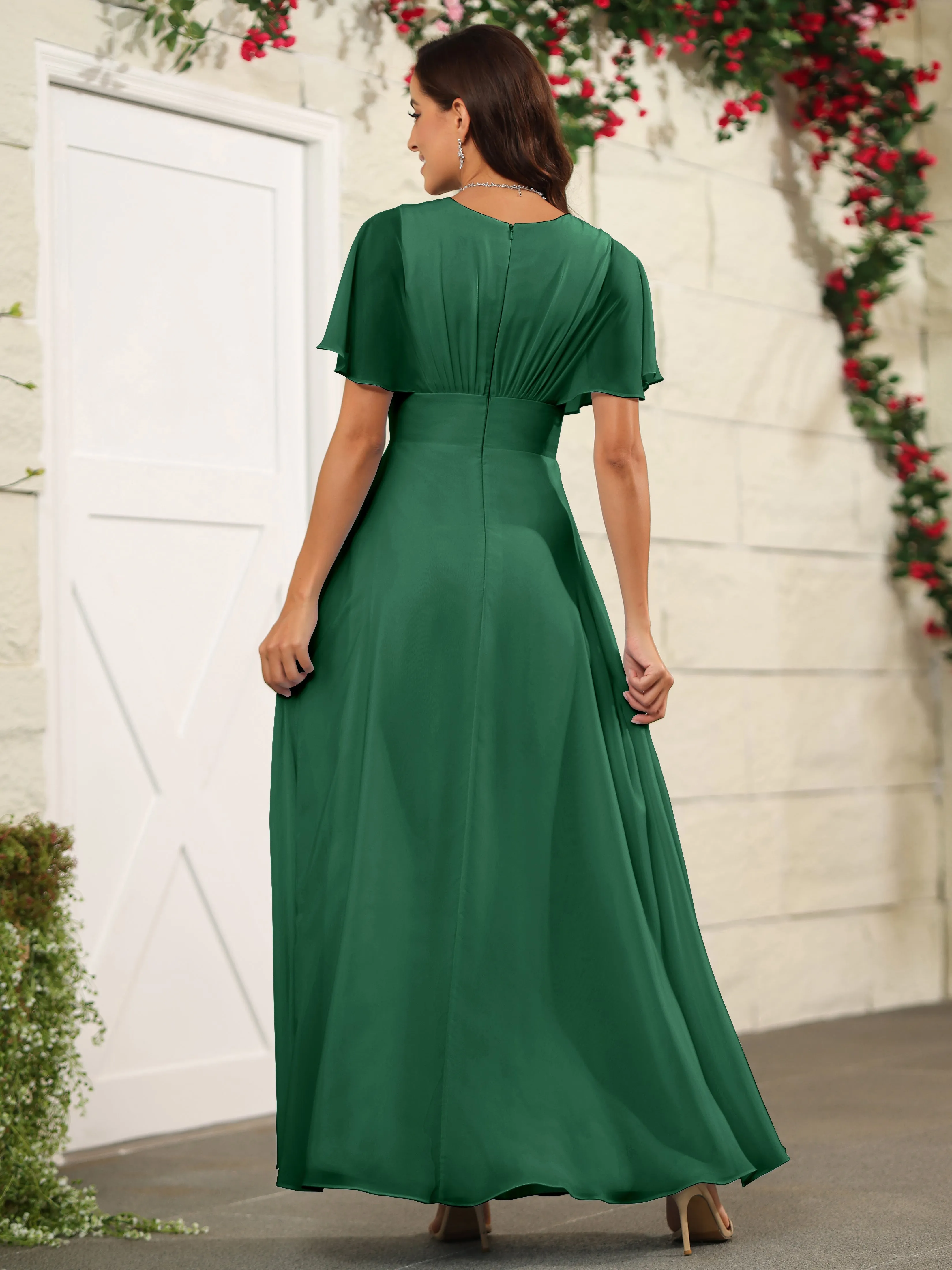 Chiffon Short Sleeves V-Neck Bridesmaid Dress with Slit