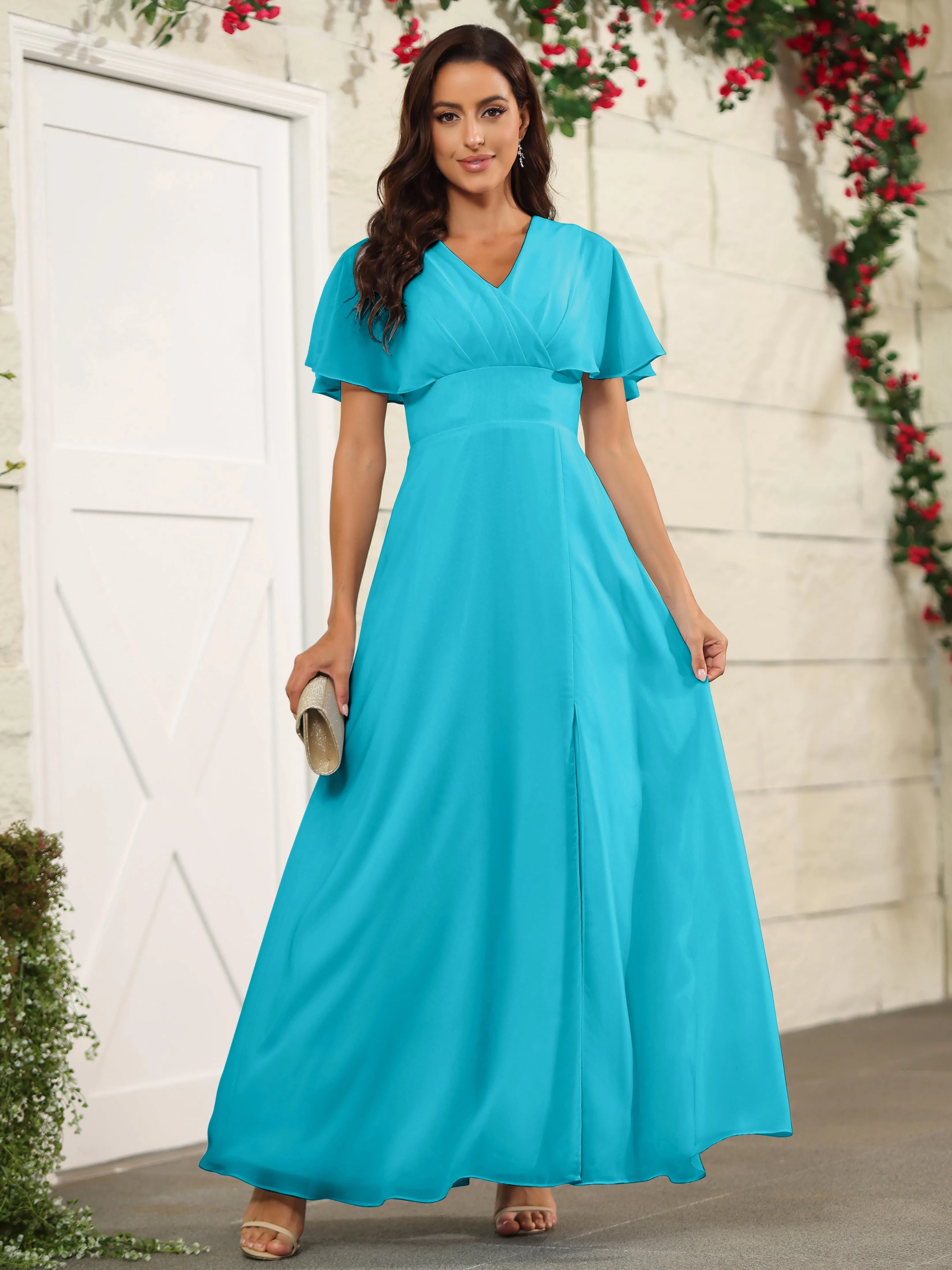 Chiffon Short Sleeves V-Neck Bridesmaid Dress with Slit