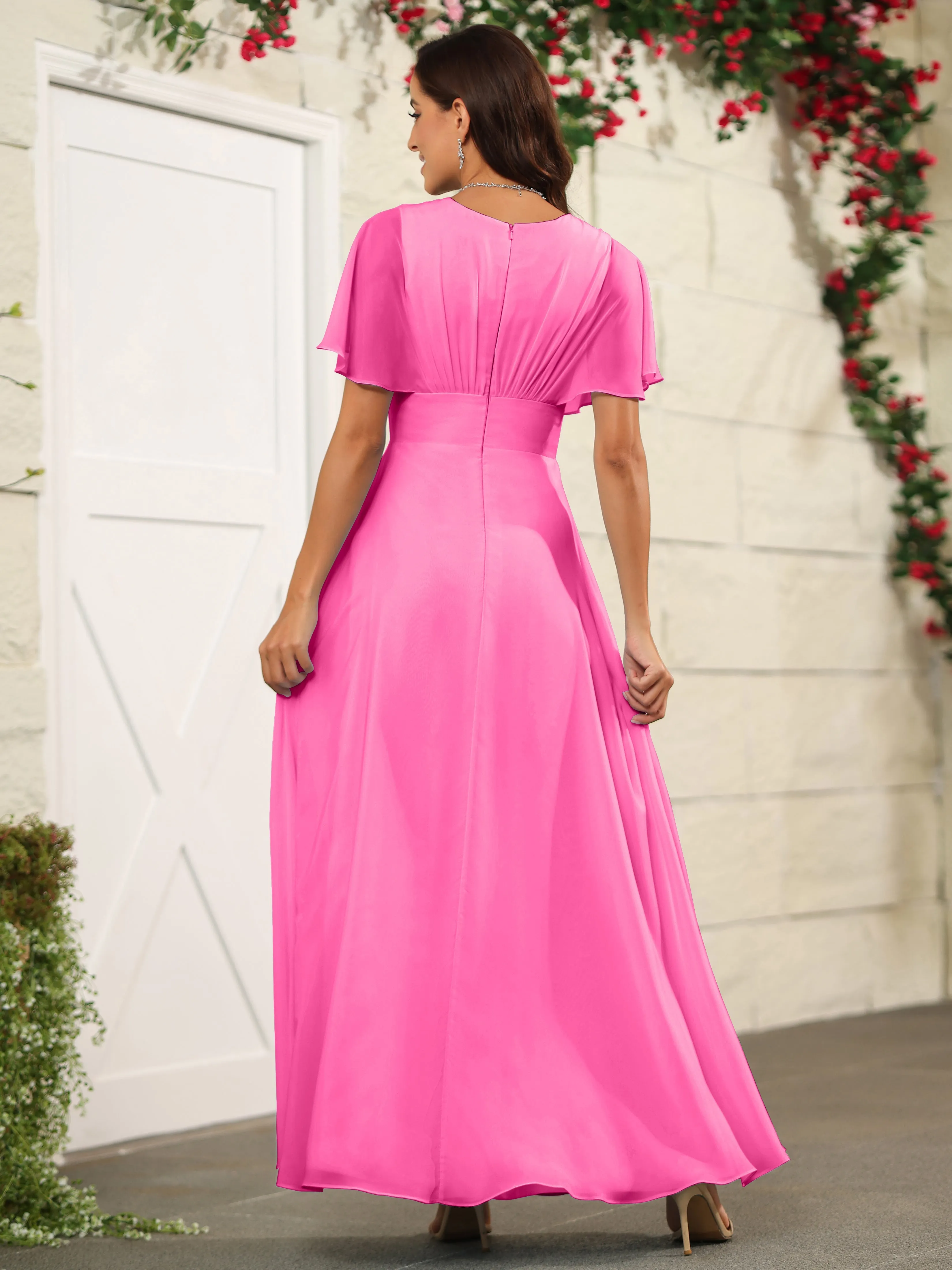 Chiffon Short Sleeves V-Neck Bridesmaid Dress with Slit