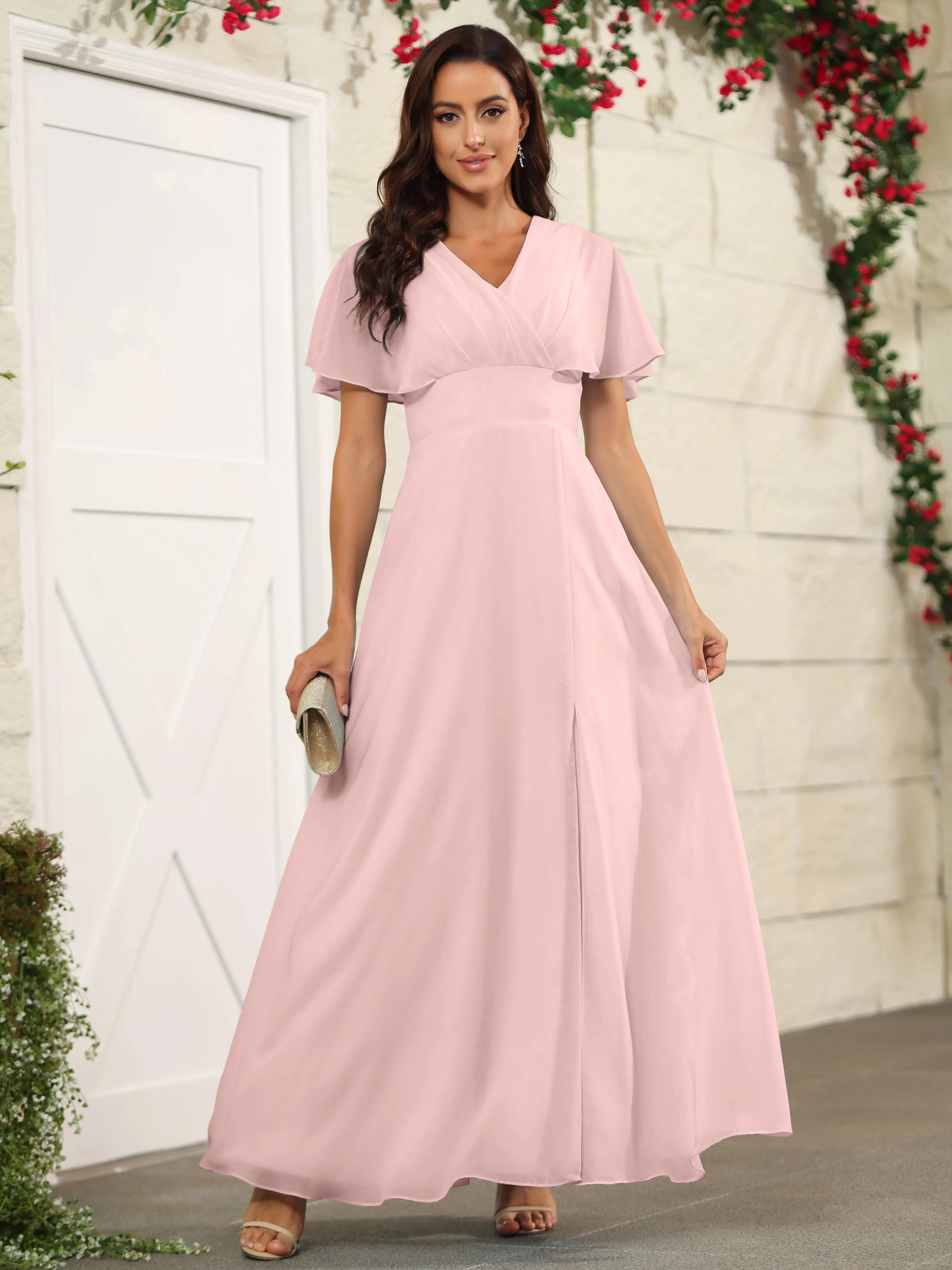 Chiffon Short Sleeves V-Neck Bridesmaid Dress with Slit