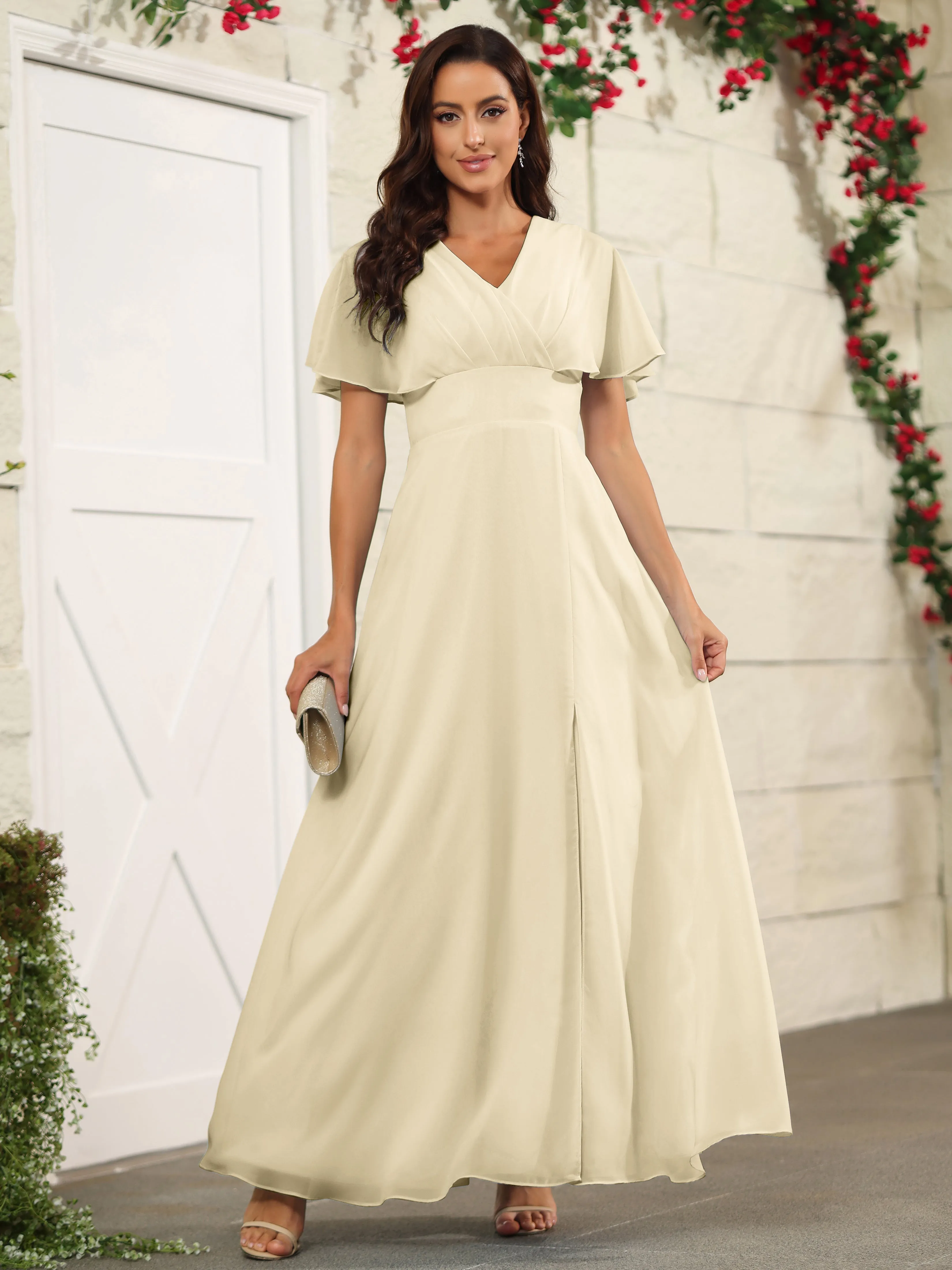 Chiffon Short Sleeves V-Neck Bridesmaid Dress with Slit