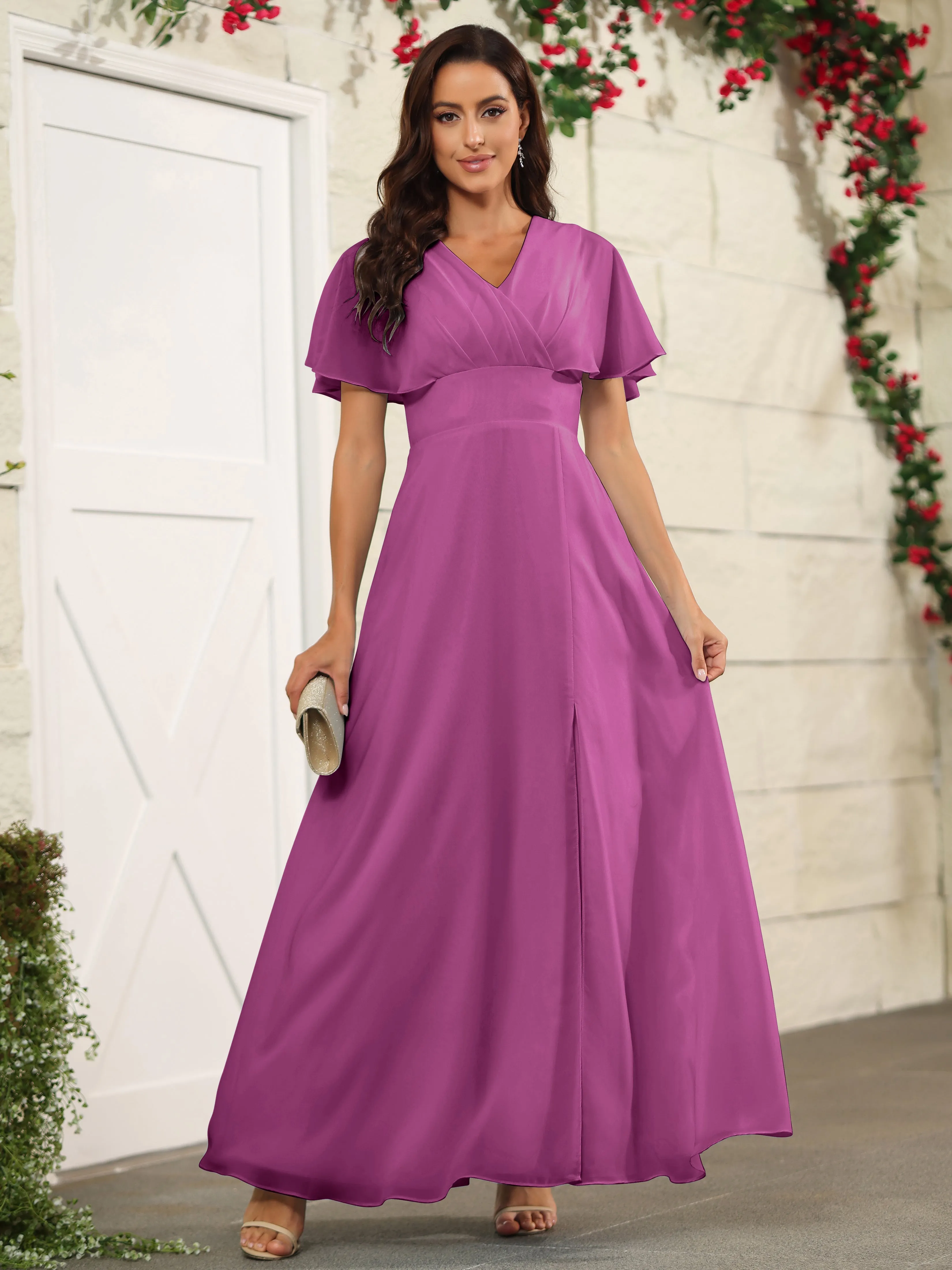 Chiffon Short Sleeves V-Neck Bridesmaid Dress with Slit