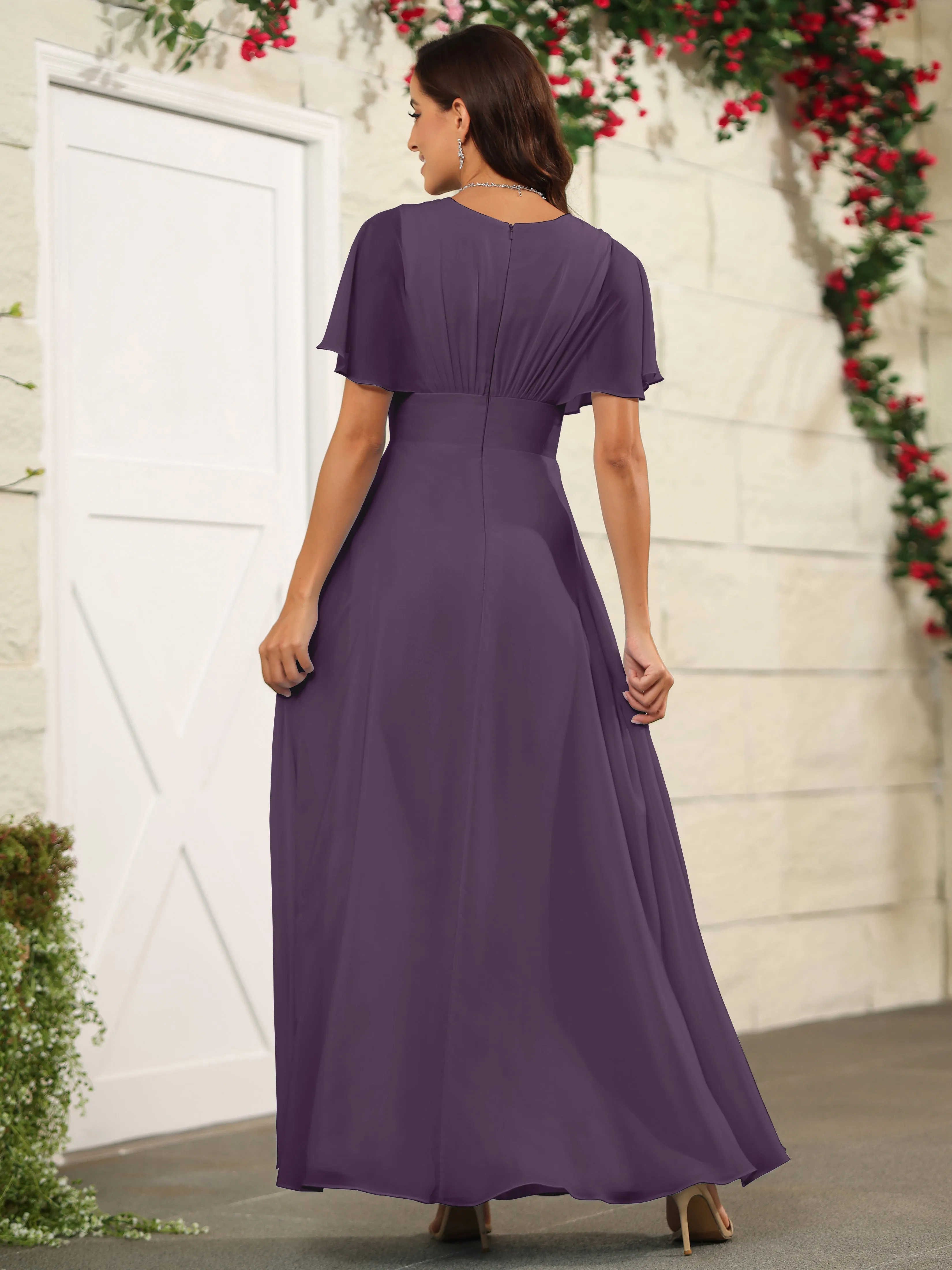 Chiffon Short Sleeves V-Neck Bridesmaid Dress with Slit