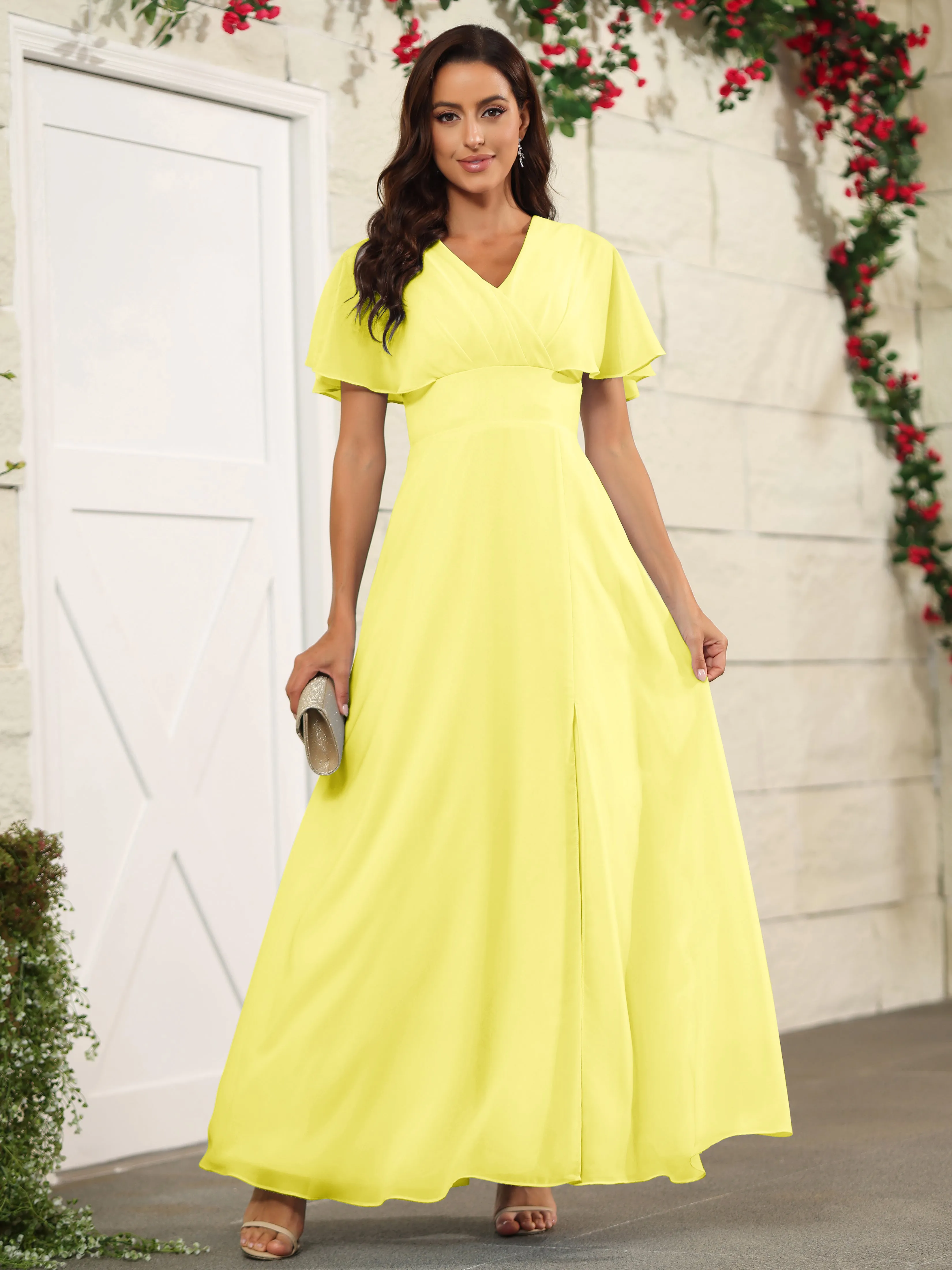 Chiffon Short Sleeves V-Neck Bridesmaid Dress with Slit