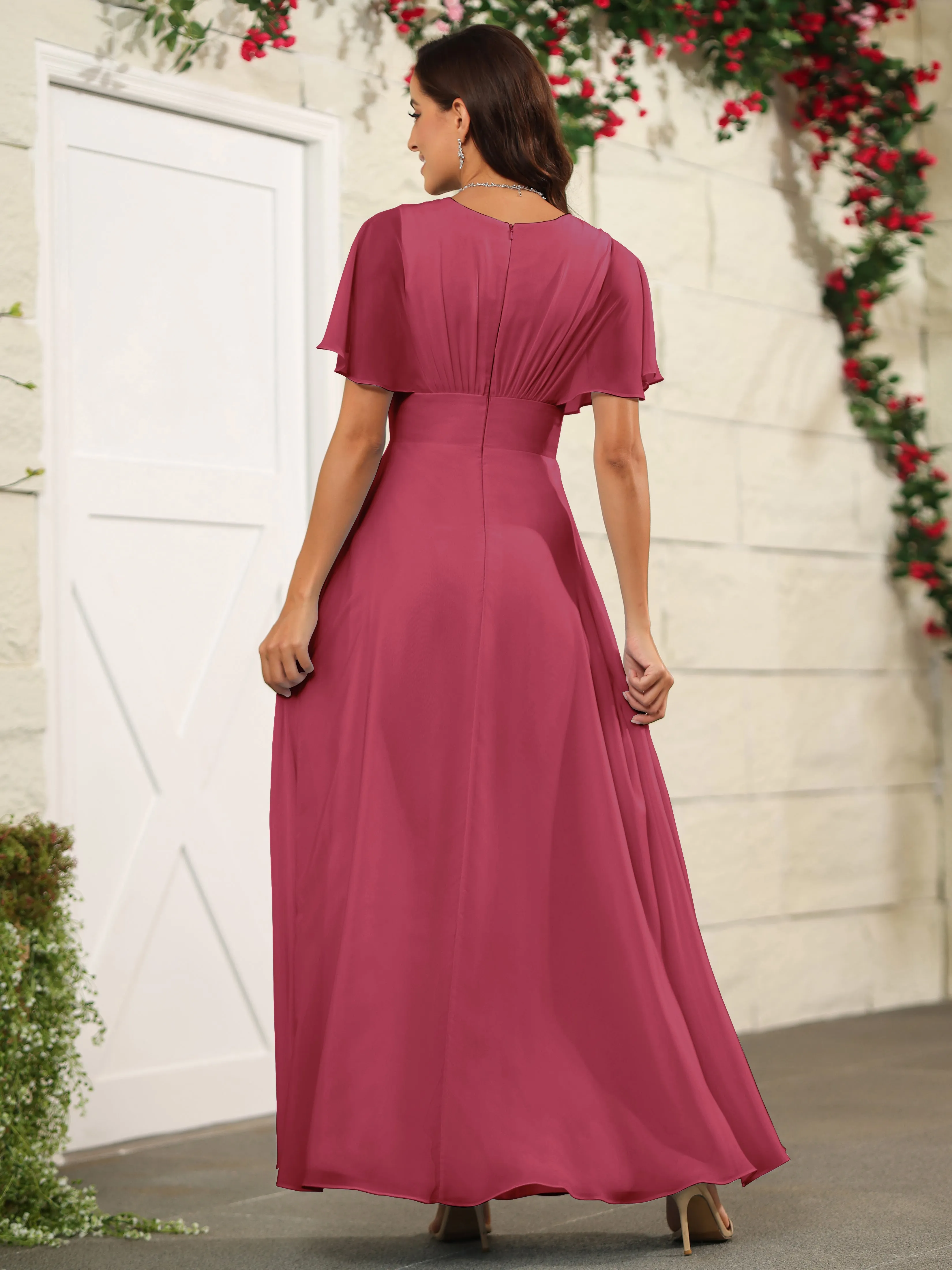 Chiffon Short Sleeves V-Neck Bridesmaid Dress with Slit