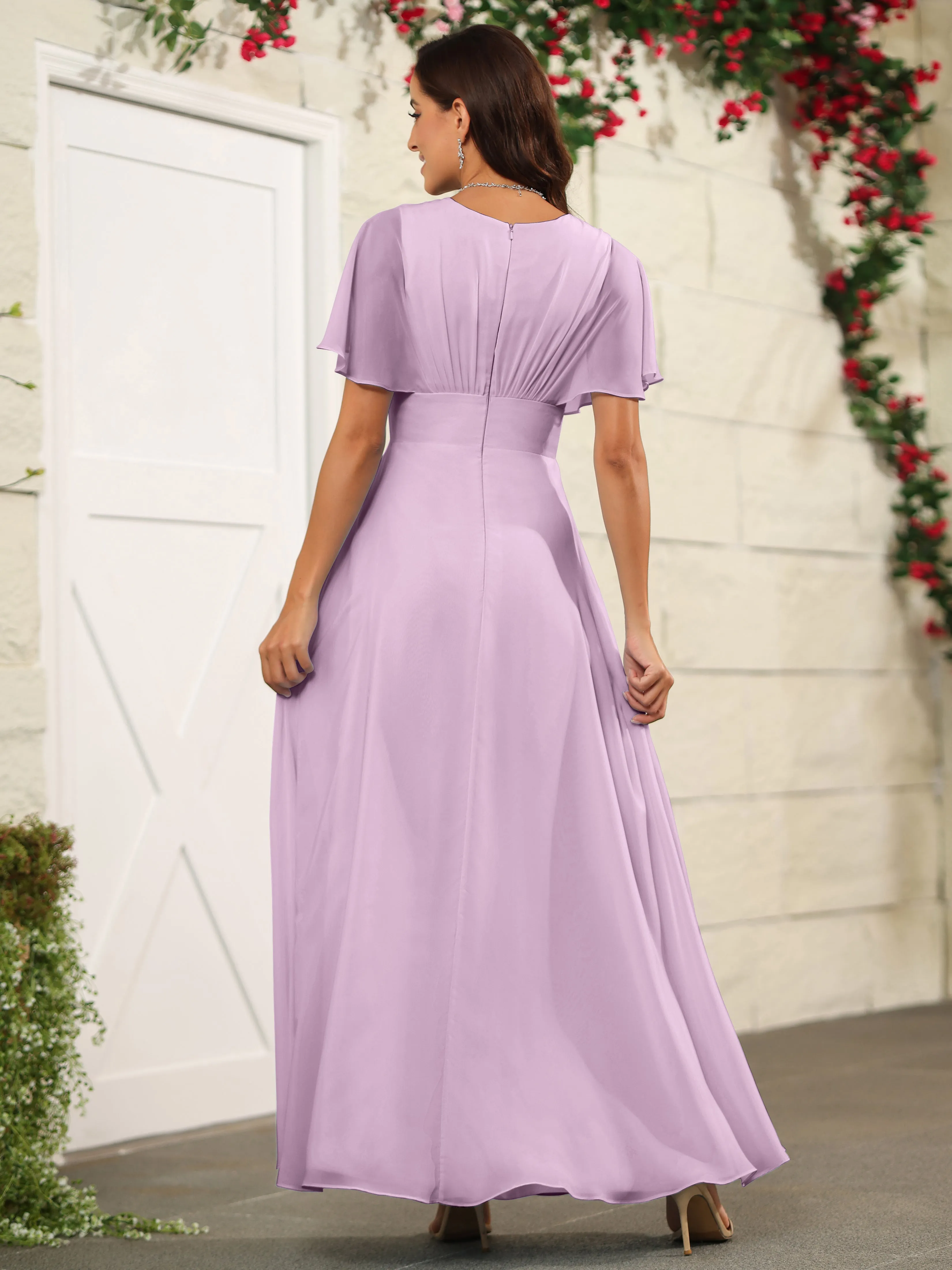 Chiffon Short Sleeves V-Neck Bridesmaid Dress with Slit