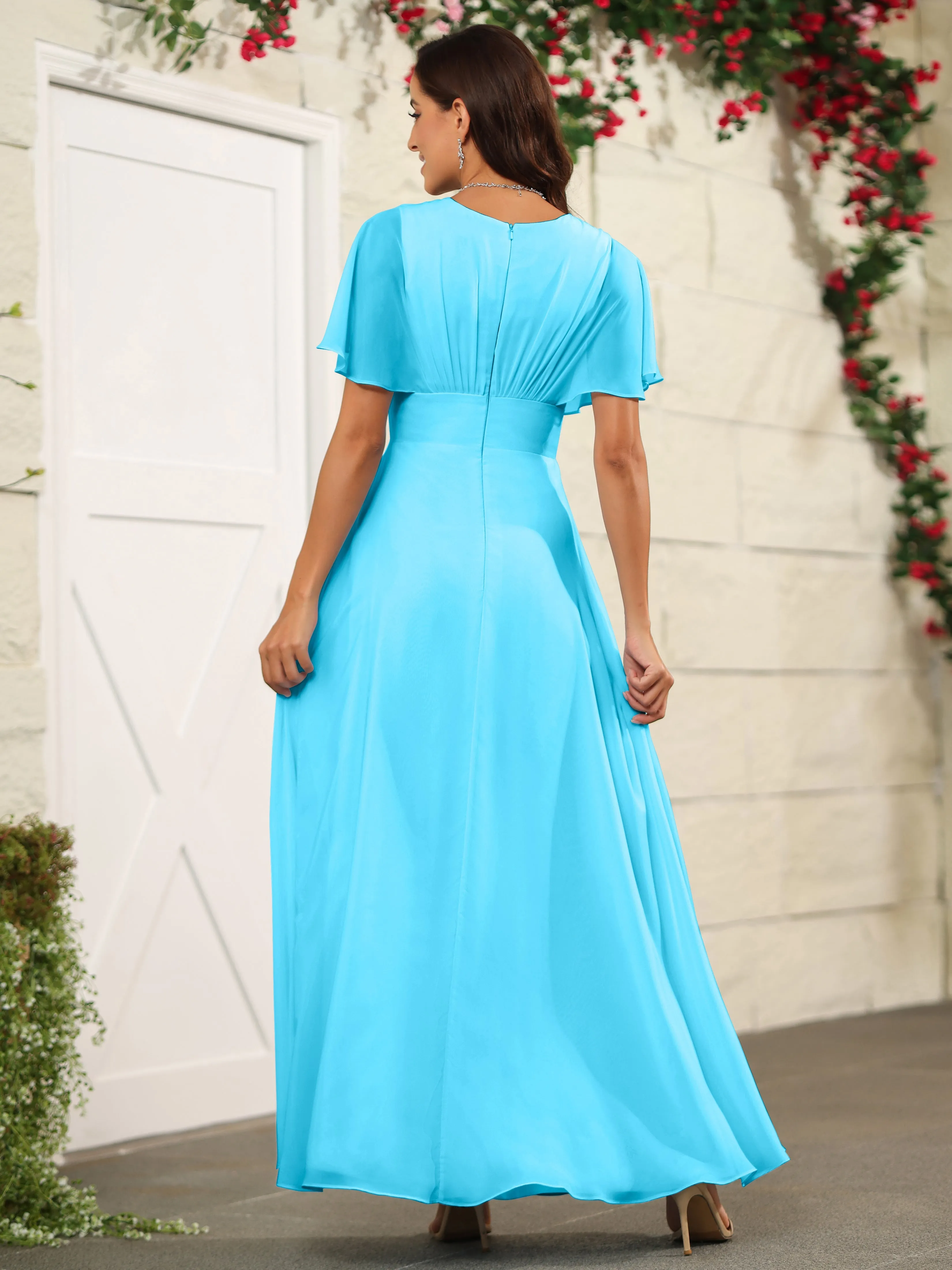 Chiffon Short Sleeves V-Neck Bridesmaid Dress with Slit