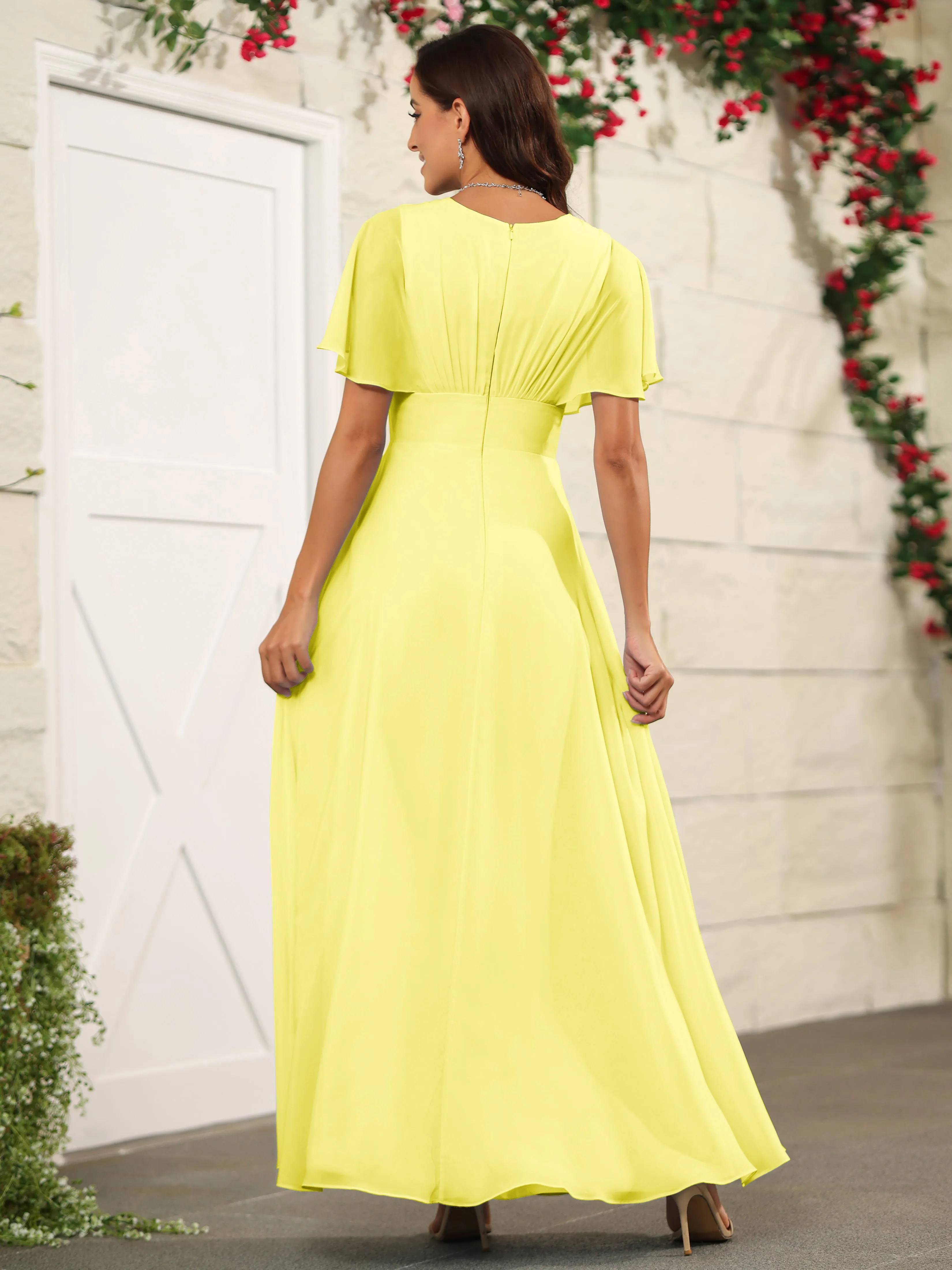 Chiffon Short Sleeves V-Neck Bridesmaid Dress with Slit