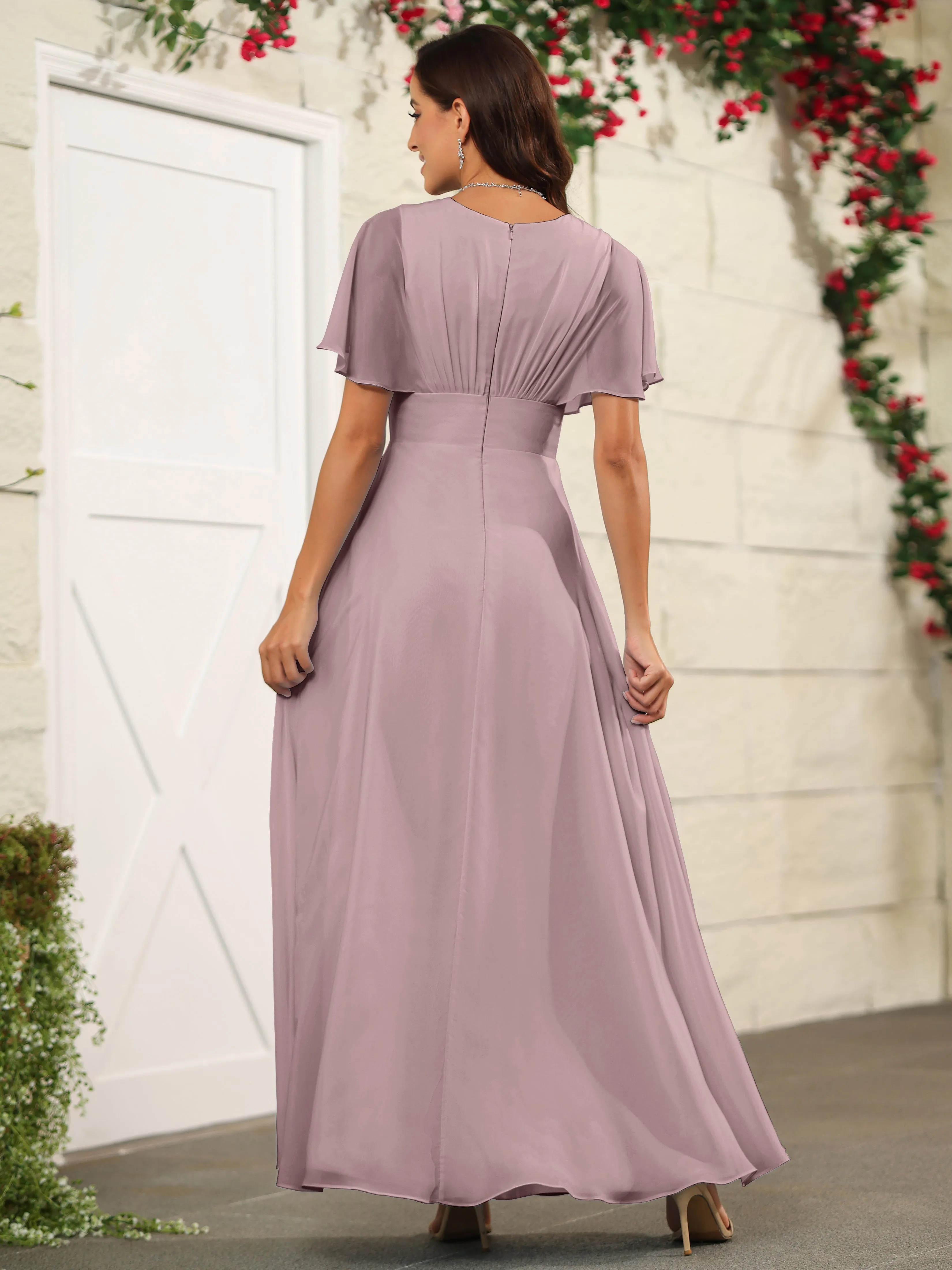 Chiffon Short Sleeves V-Neck Bridesmaid Dress with Slit