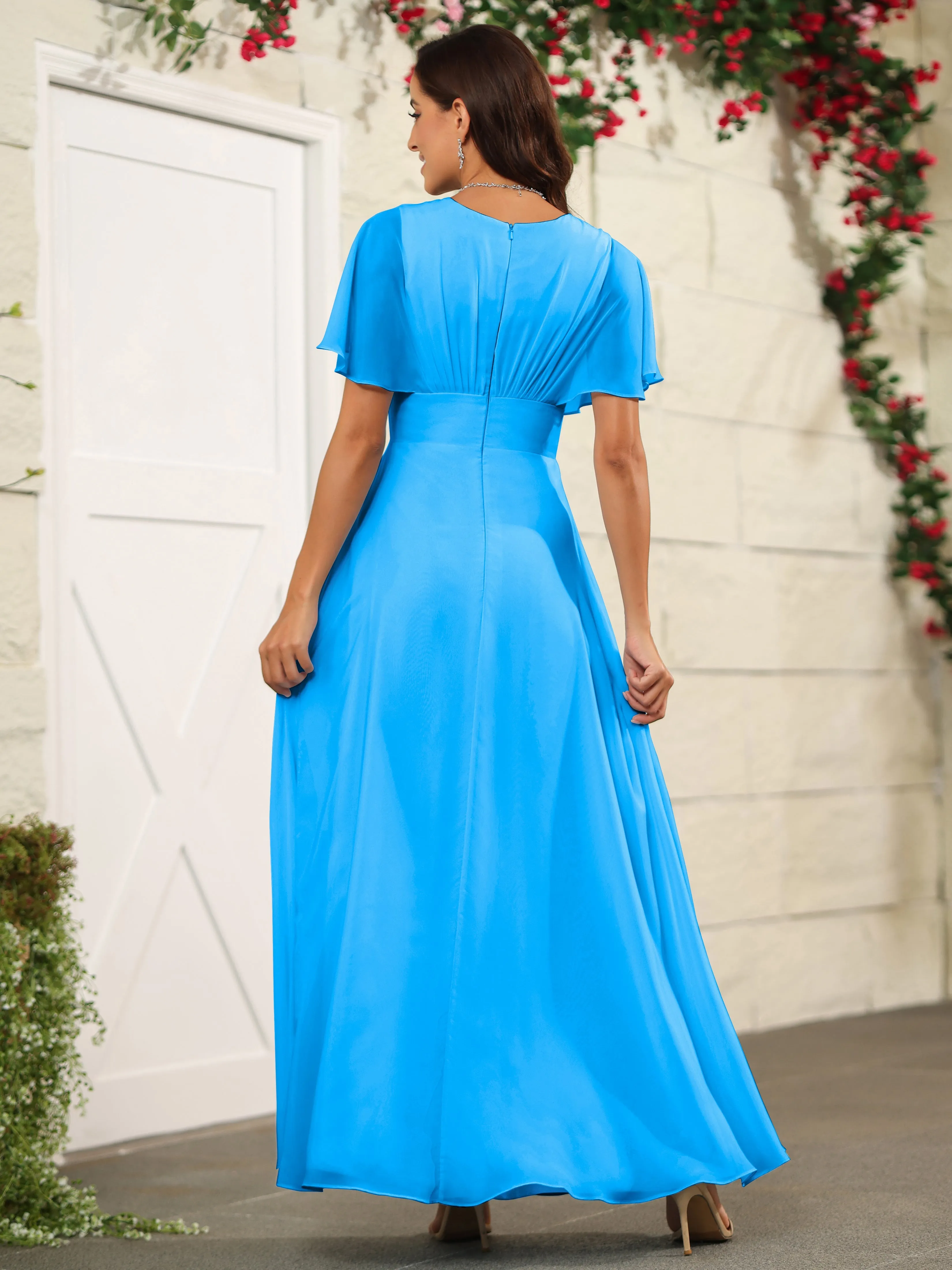 Chiffon Short Sleeves V-Neck Bridesmaid Dress with Slit