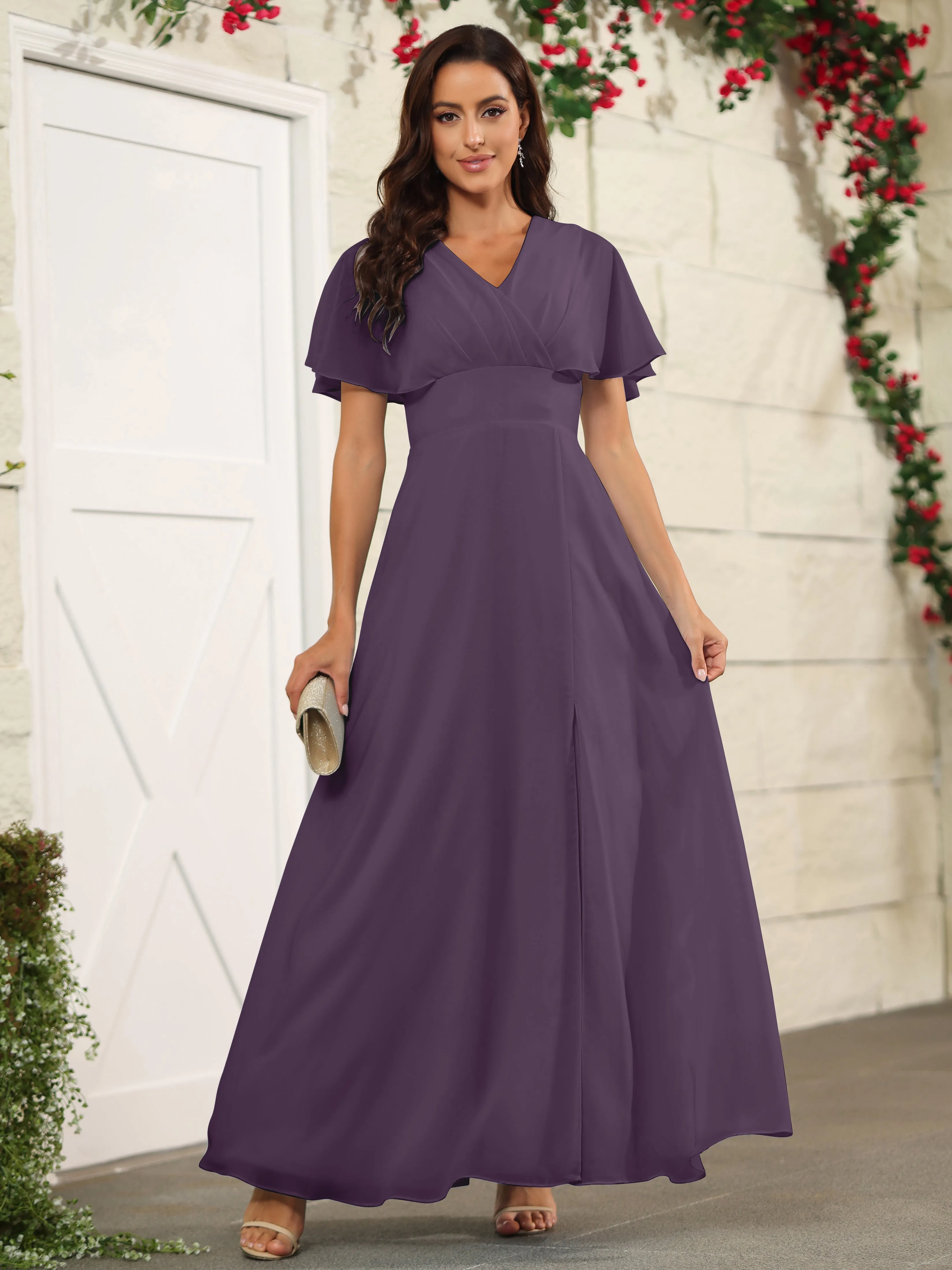 Chiffon Short Sleeves V-Neck Bridesmaid Dress with Slit