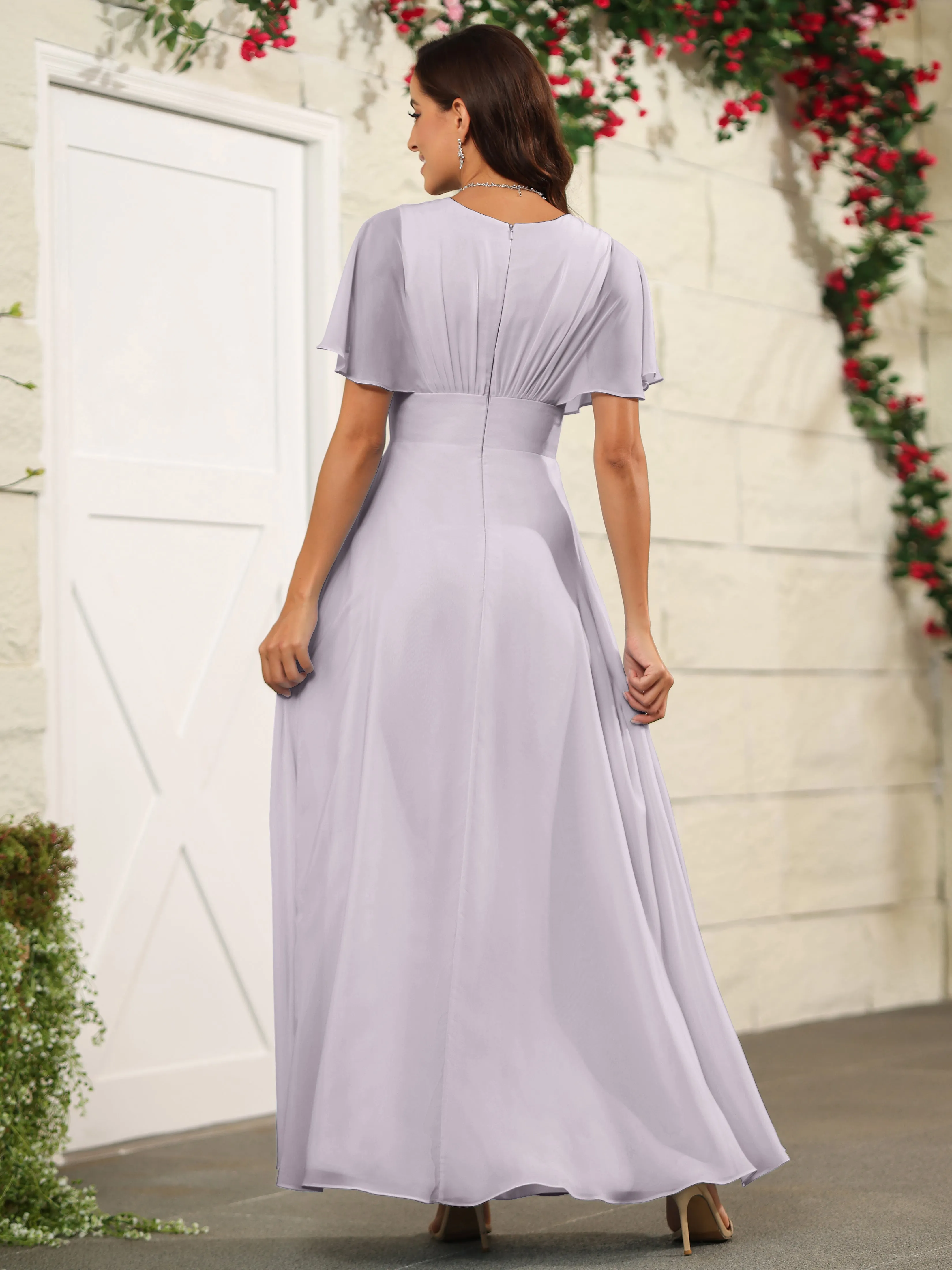 Chiffon Short Sleeves V-Neck Bridesmaid Dress with Slit