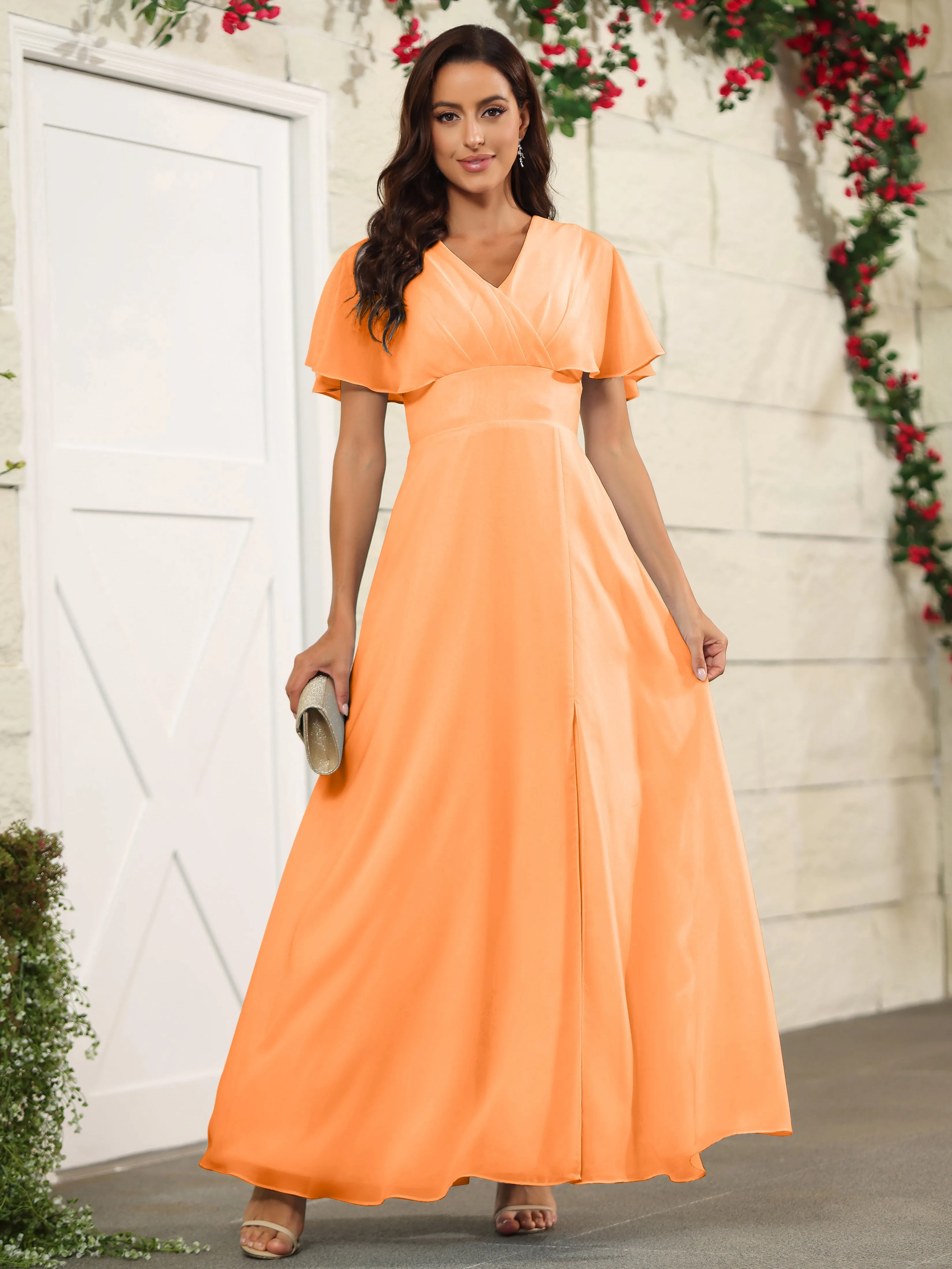 Chiffon Short Sleeves V-Neck Bridesmaid Dress with Slit